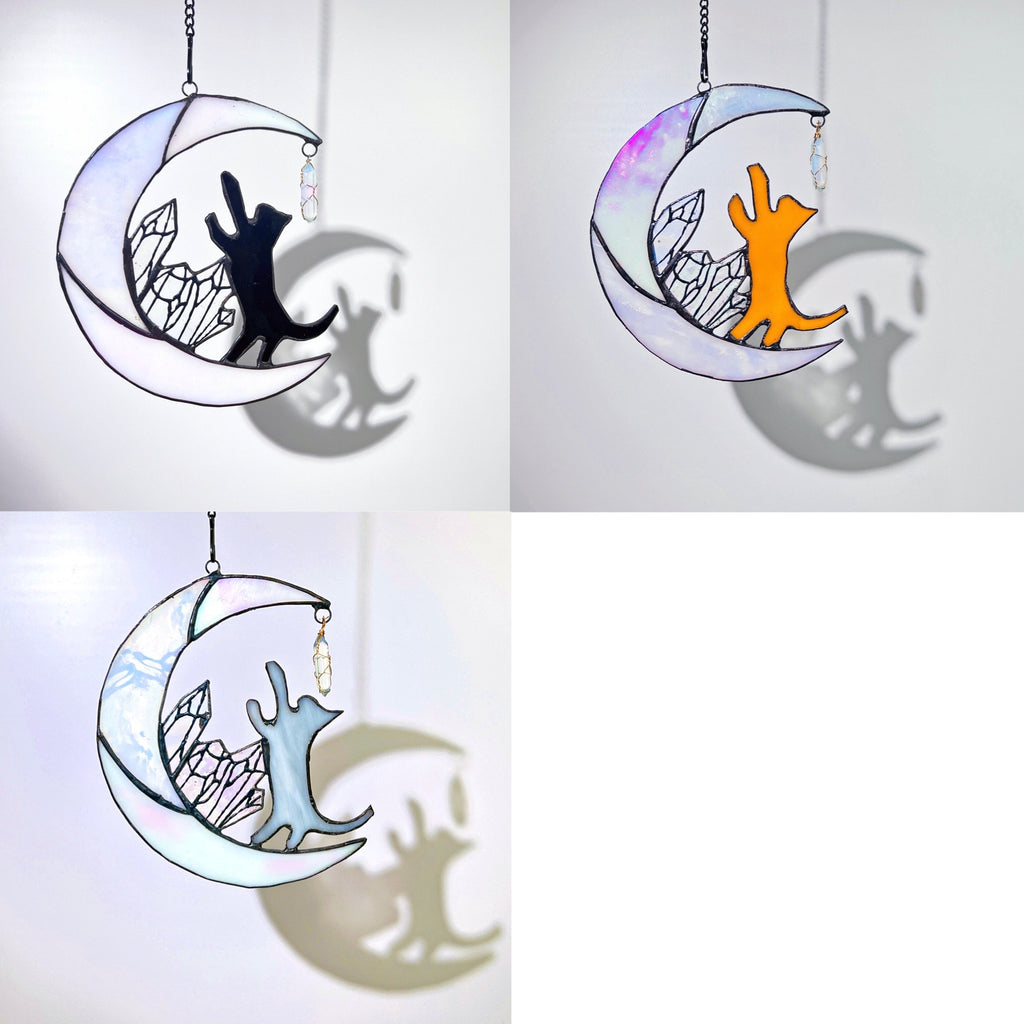 RainLine Cat on Moon Stained Glass Suncatcher 7in Iridescent
