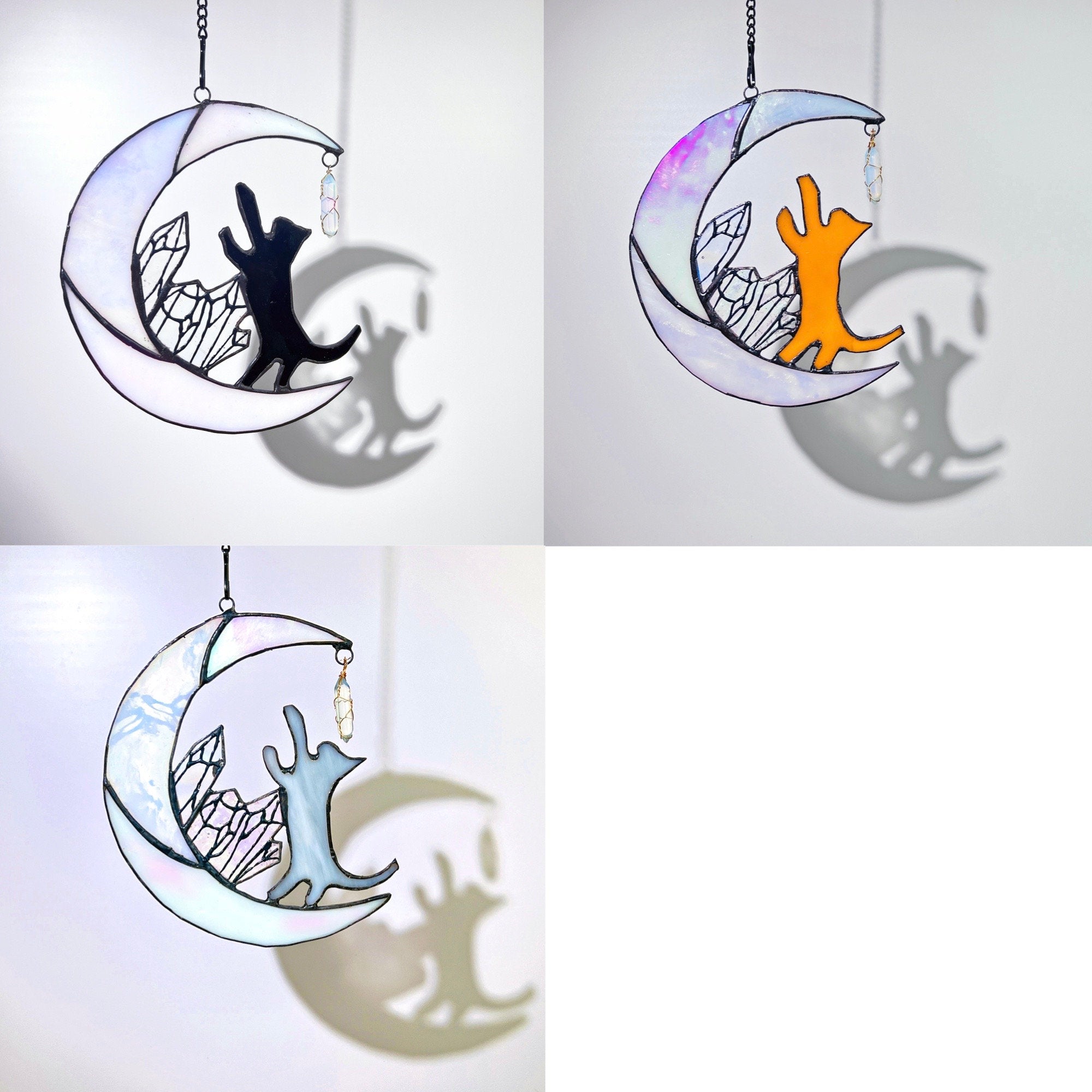 RainLine Cat on Moon Stained Glass Suncatcher 7in Iridescent