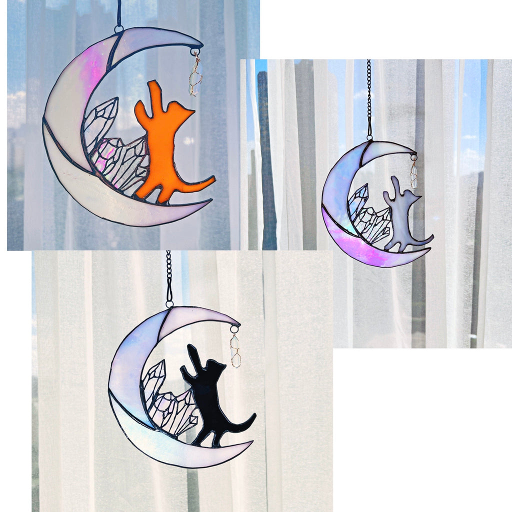 RainLine Cat on Moon Stained Glass Suncatcher 7in Iridescent
