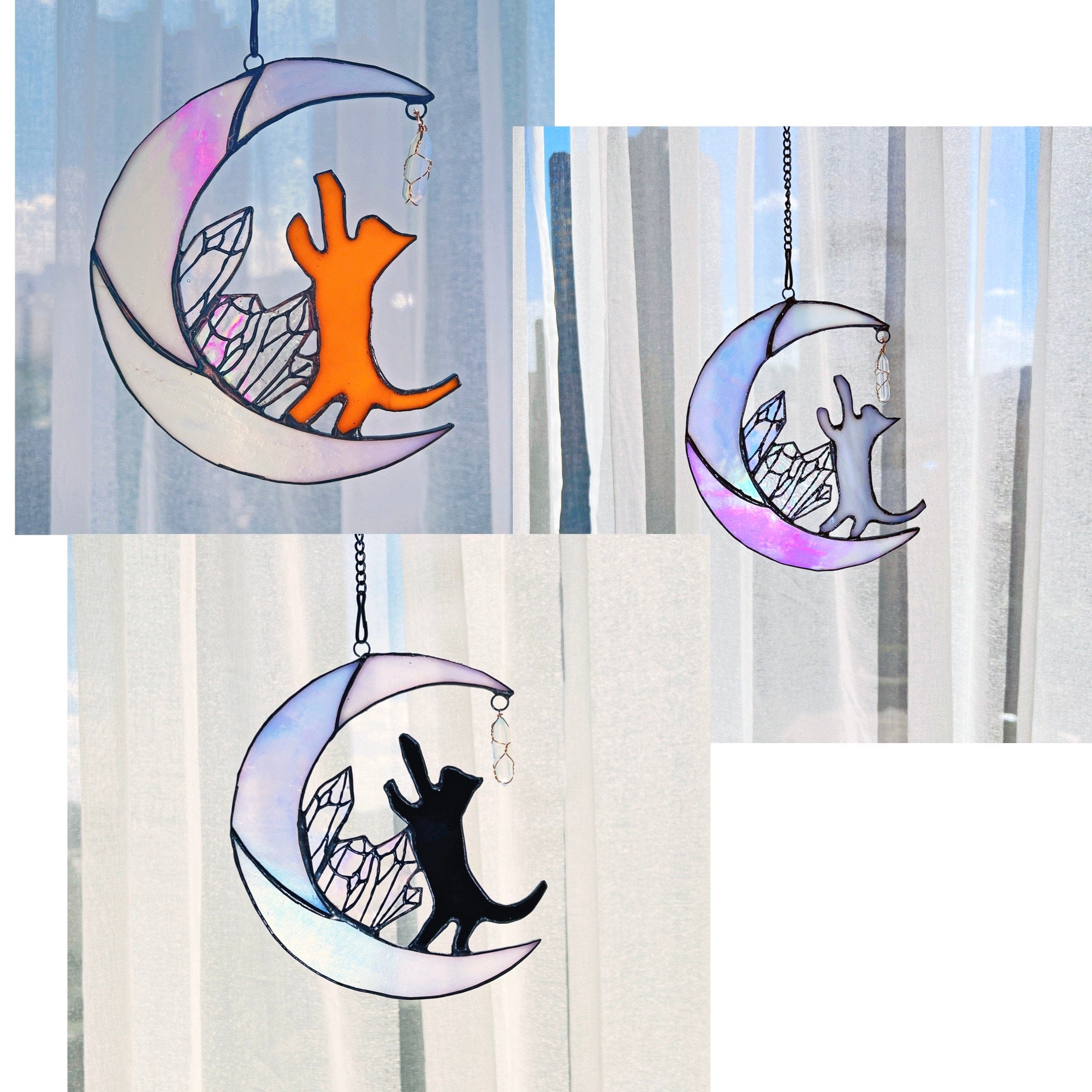 RainLine Cat on Moon Stained Glass Suncatcher 7in Iridescent