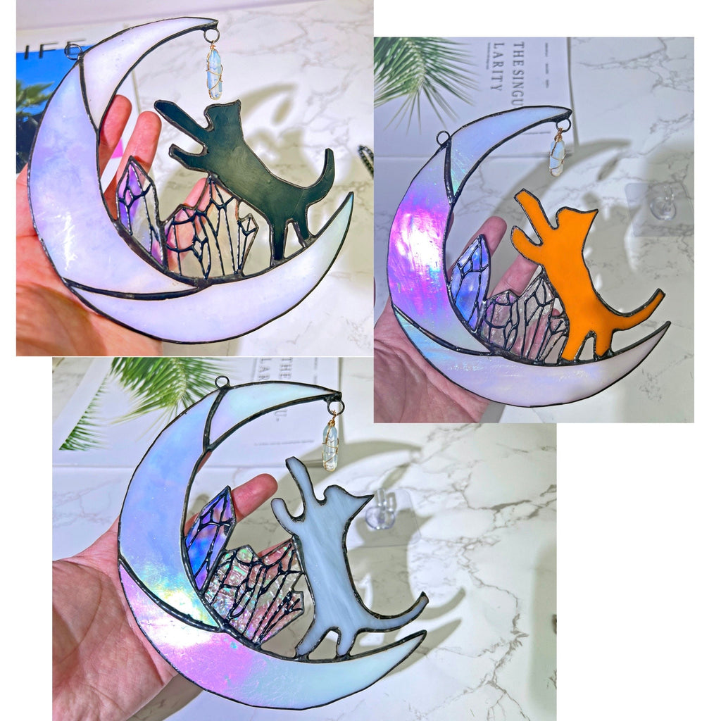 RainLine Cat on Moon Stained Glass Suncatcher 7in Iridescent