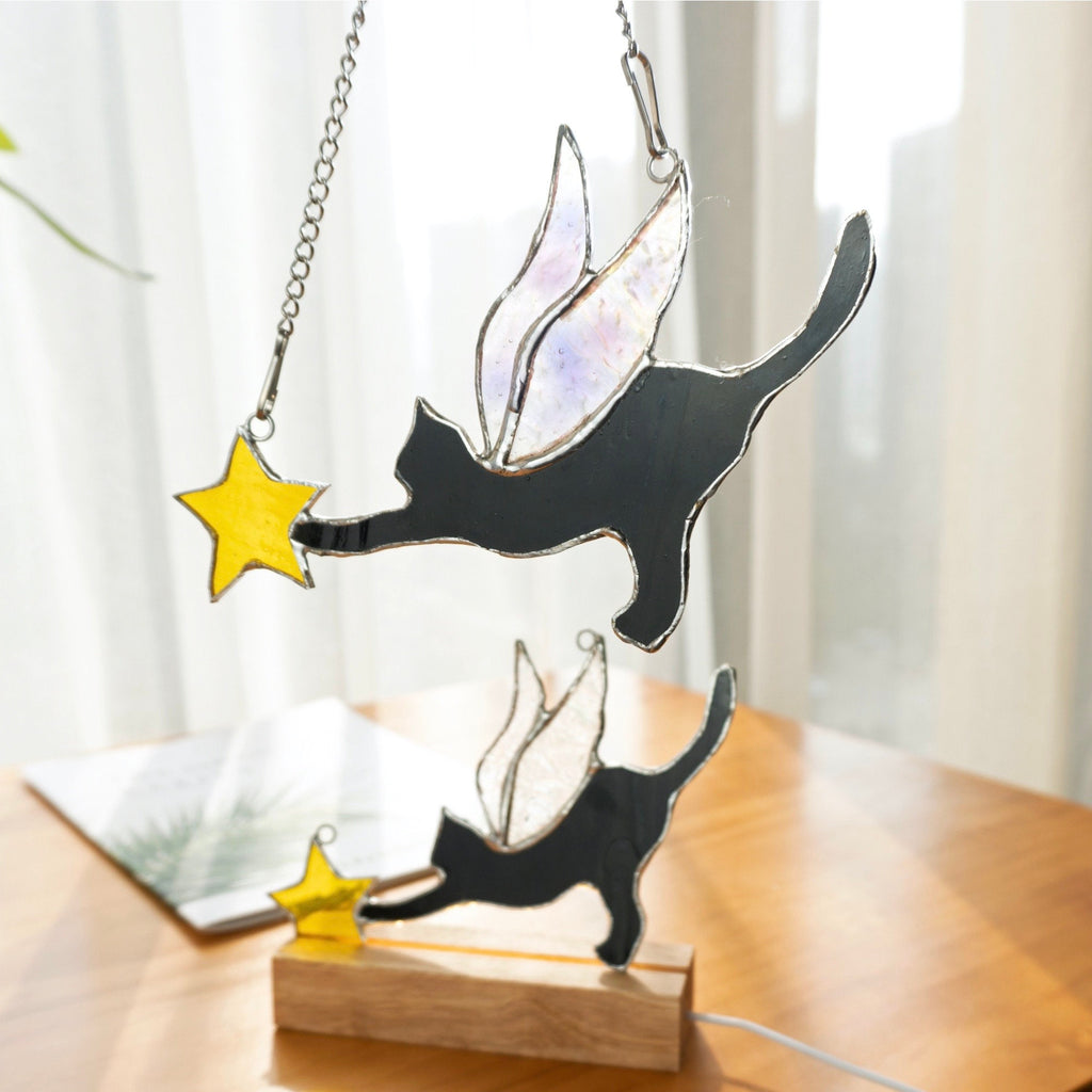 RainLine Angel Cat Stained Glass Suncatcher Lamp Iridescent Wings
