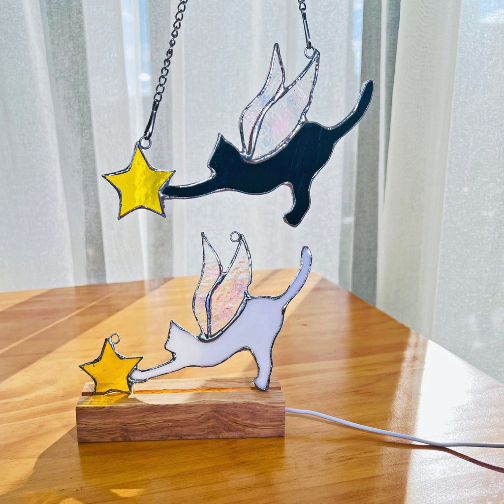 RainLine Angel Cat Stained Glass Suncatcher Lamp Iridescent Wings