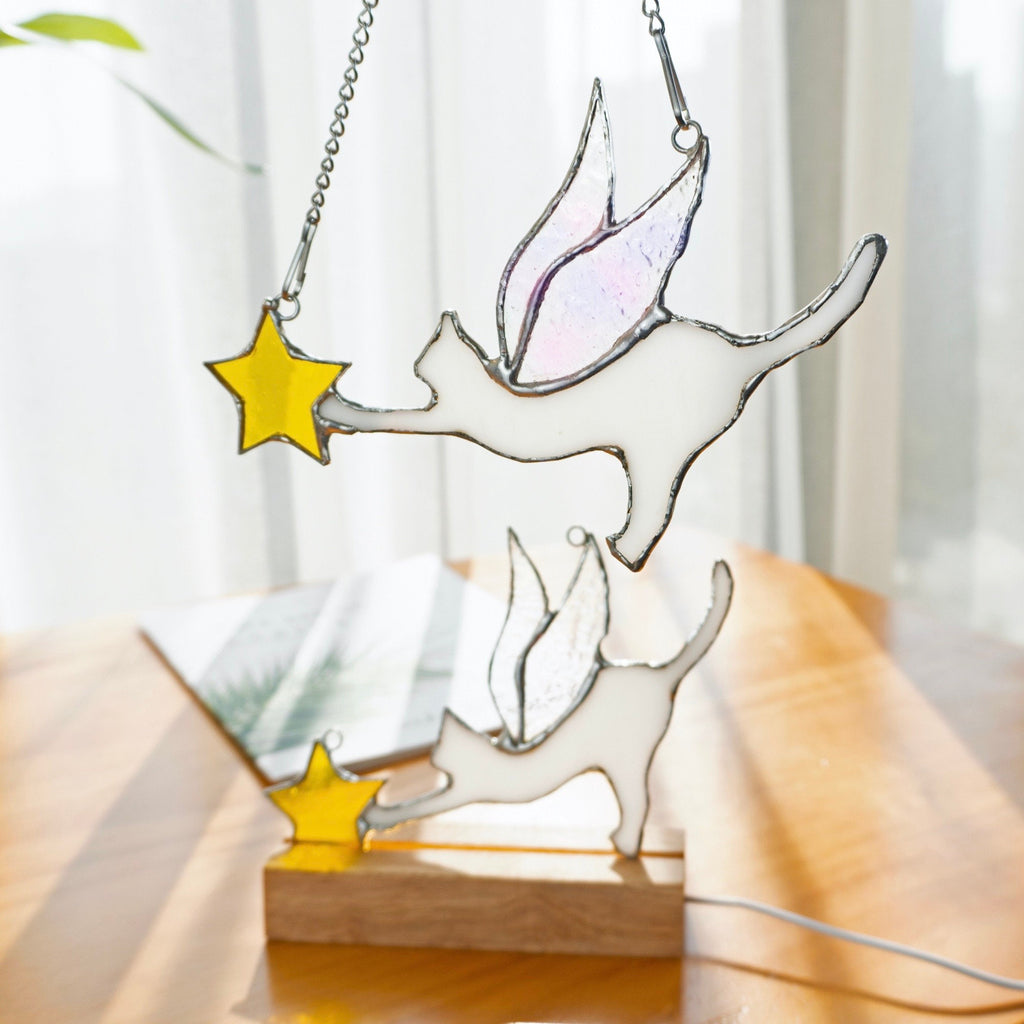 RainLine Angel Cat Stained Glass Suncatcher Lamp Iridescent Wings