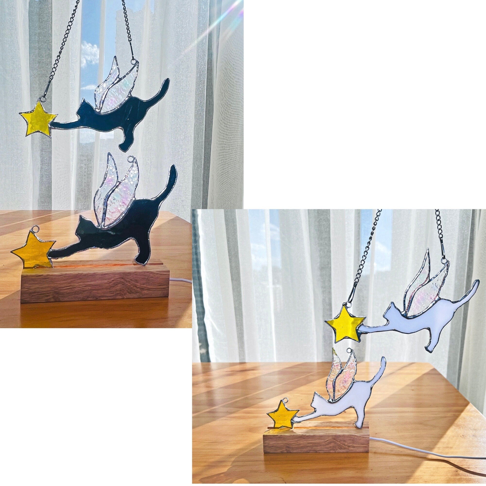 RainLine Angel Cat Stained Glass Suncatcher Lamp Iridescent Wings