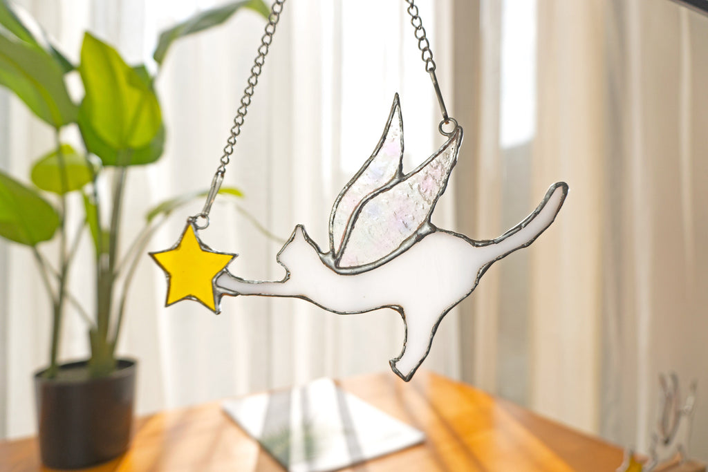 RainLine Angel Cat Stained Glass Suncatcher Lamp Iridescent Wings