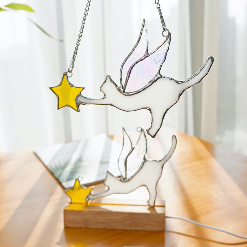 RainLine Angel Cat Stained Glass Suncatcher Lamp Memorial Gift for Cat Lovers