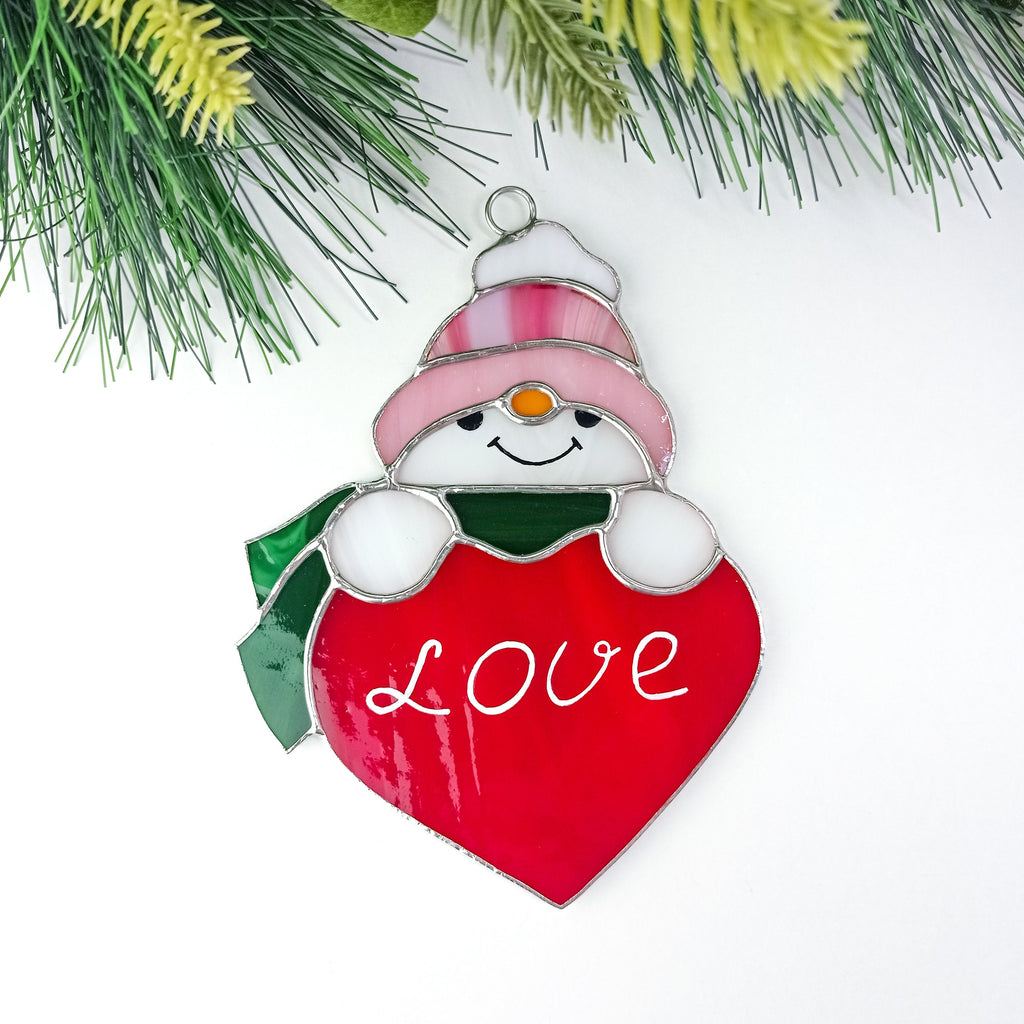 Snowman With a Heart Suncatcher Stained Glass Window Hanging Christmas Decor