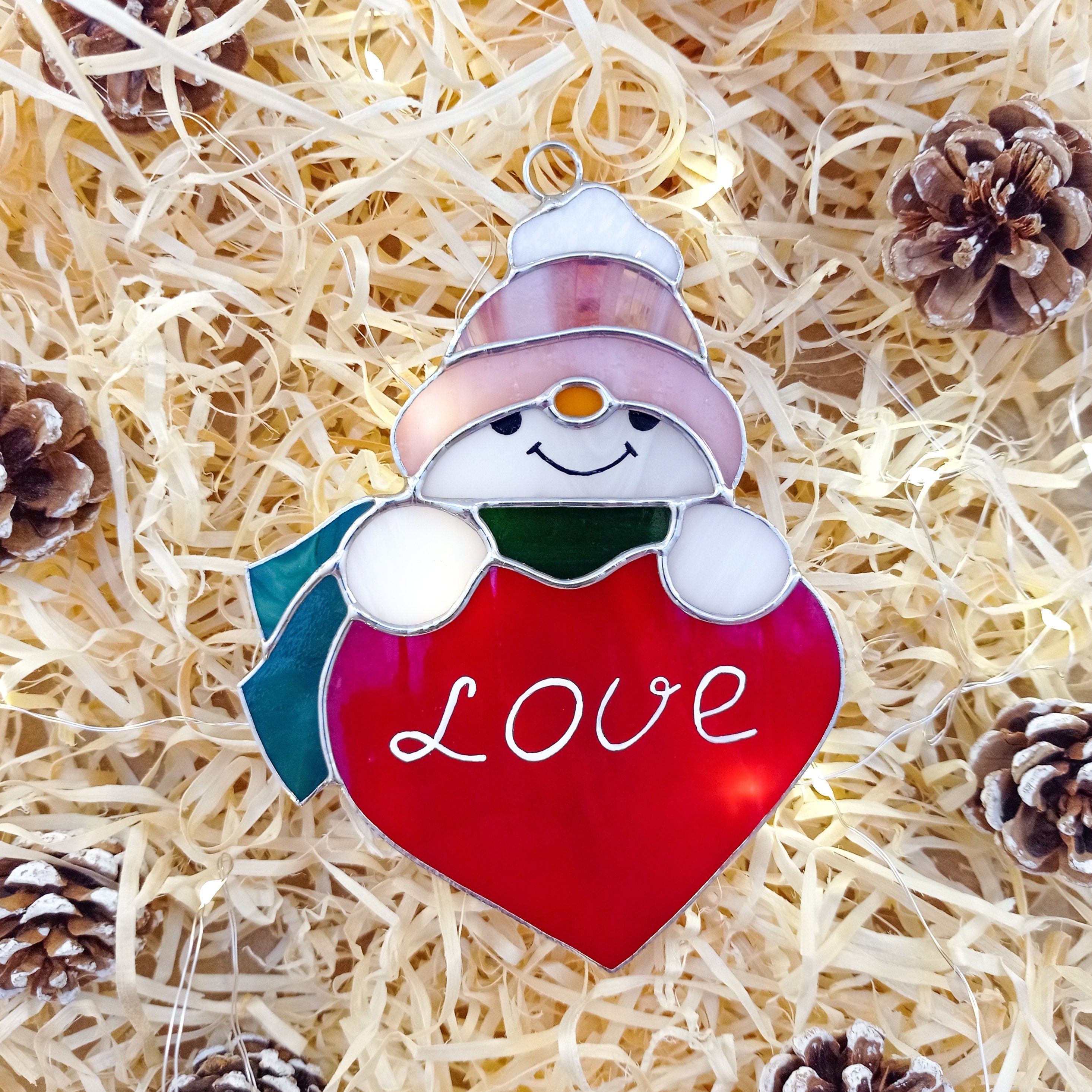 Snowman With a Heart Suncatcher Stained Glass Window Hanging Christmas Decor