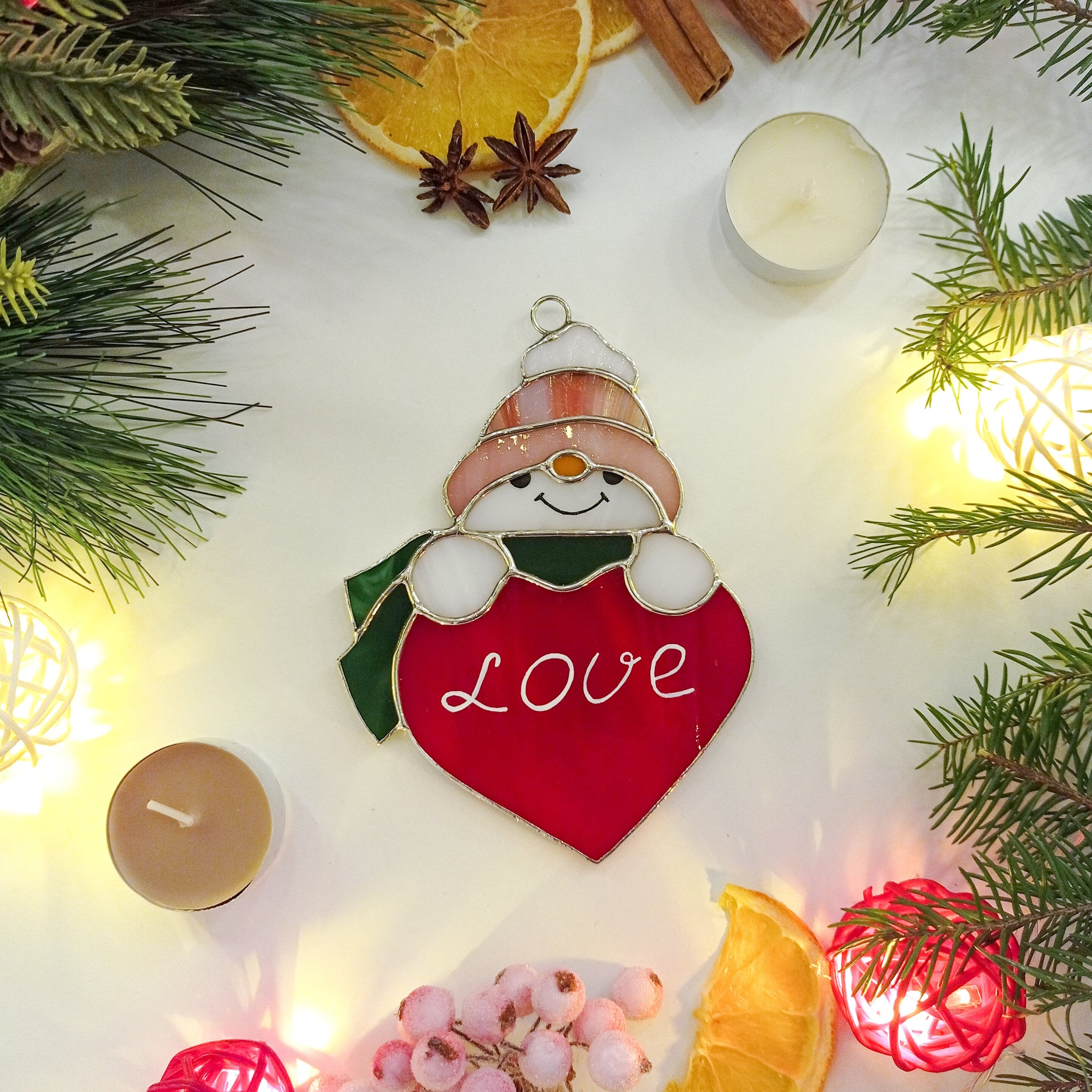 Snowman With a Heart Suncatcher Stained Glass Window Hanging Christmas Decor