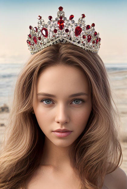 HappyJewelryWorld Luxury Bridal Red Tiara Ruby Crystal Gold Crown