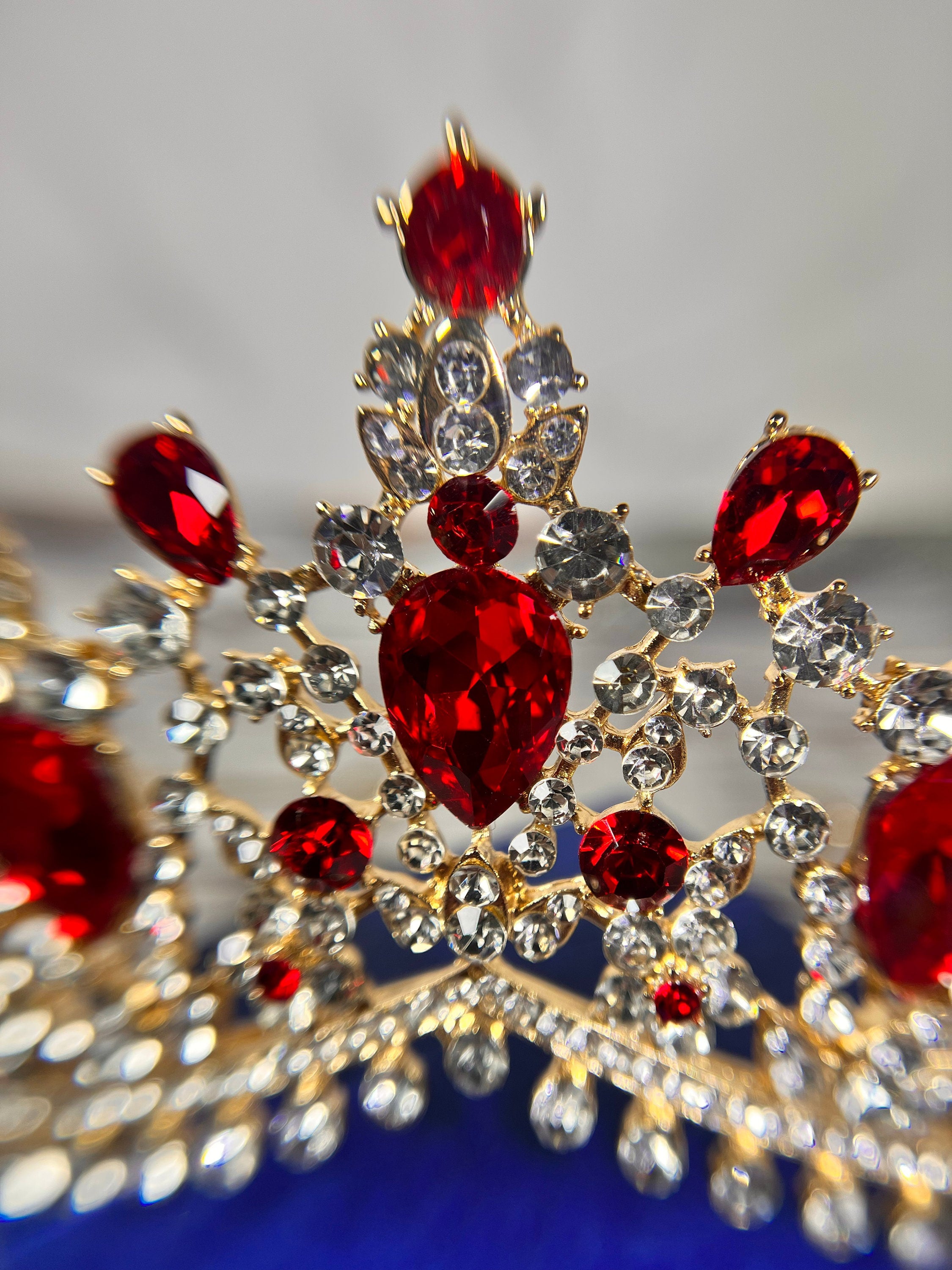 HappyJewelryWorld Luxury Bridal Red Tiara Ruby Crystal Gold Crown