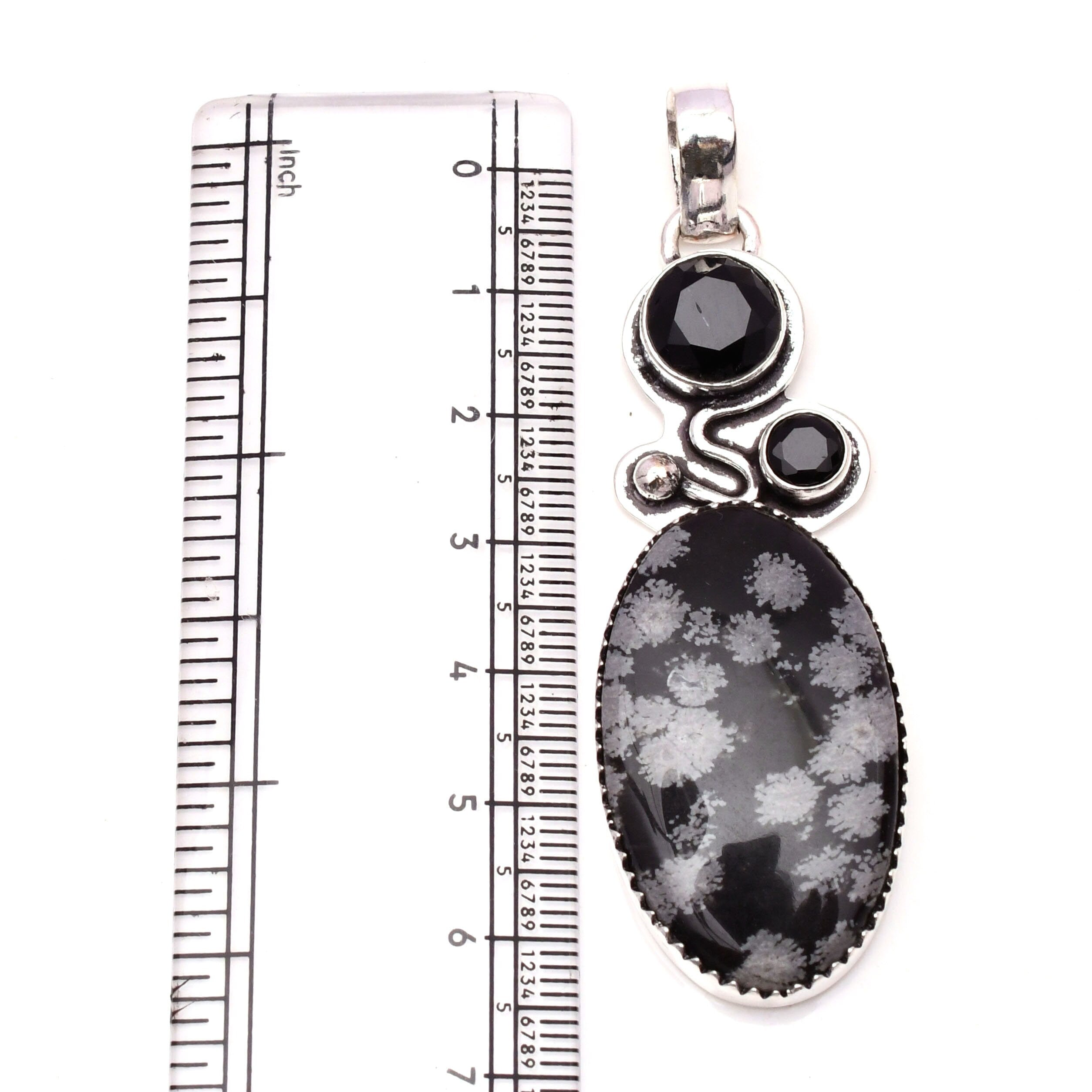EkkJewels Snowflake Obsidian 925 Sterling Silver Pendant Necklace