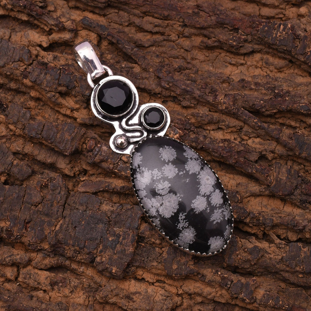 EkkJewels Snowflake Obsidian 925 Sterling Silver Pendant Necklace