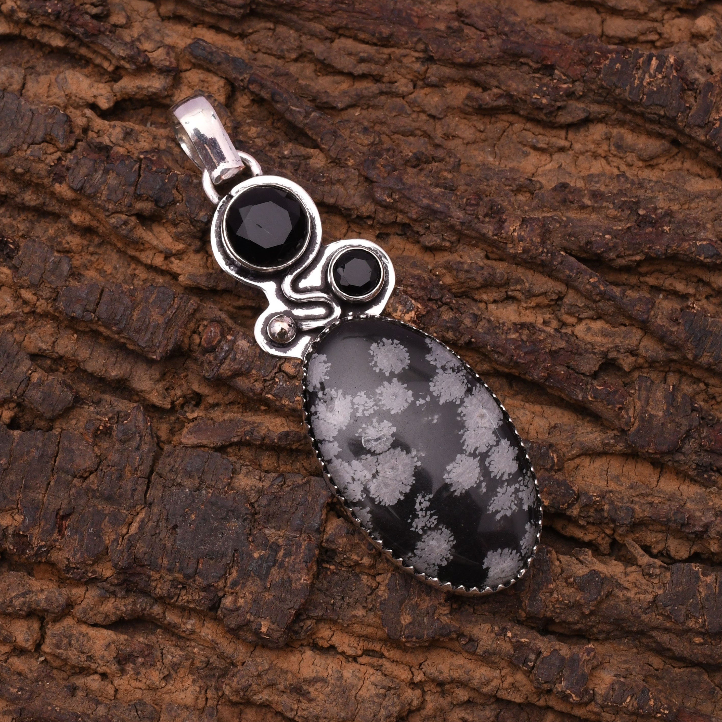 EkkJewels Snowflake Obsidian 925 Sterling Silver Pendant Necklace