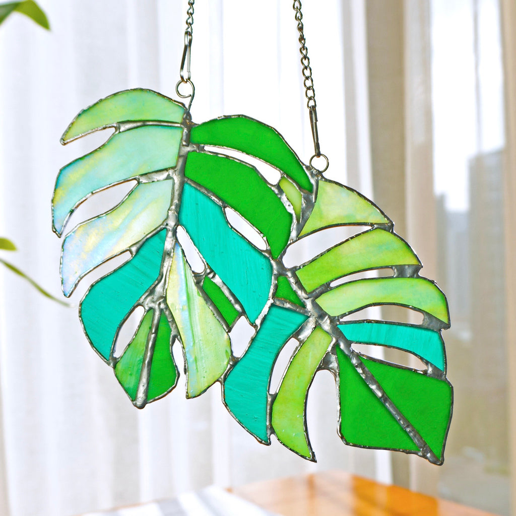 RainLine Monstera Leaves Stained Glass Suncatcher Iridescent Window Hanging Decor