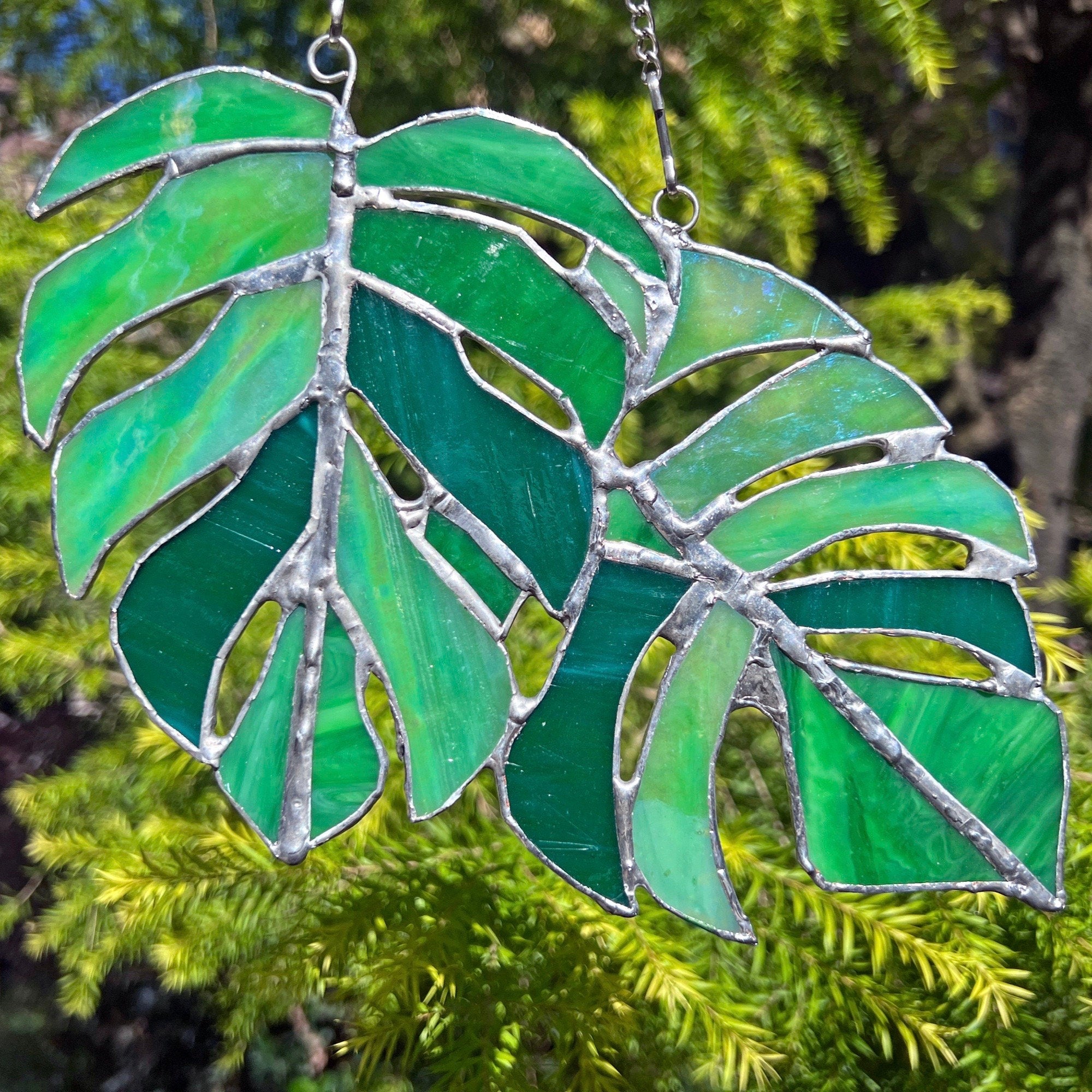 RainLine Monstera Leaves Stained Glass Suncatcher Iridescent Window Hanging Decor