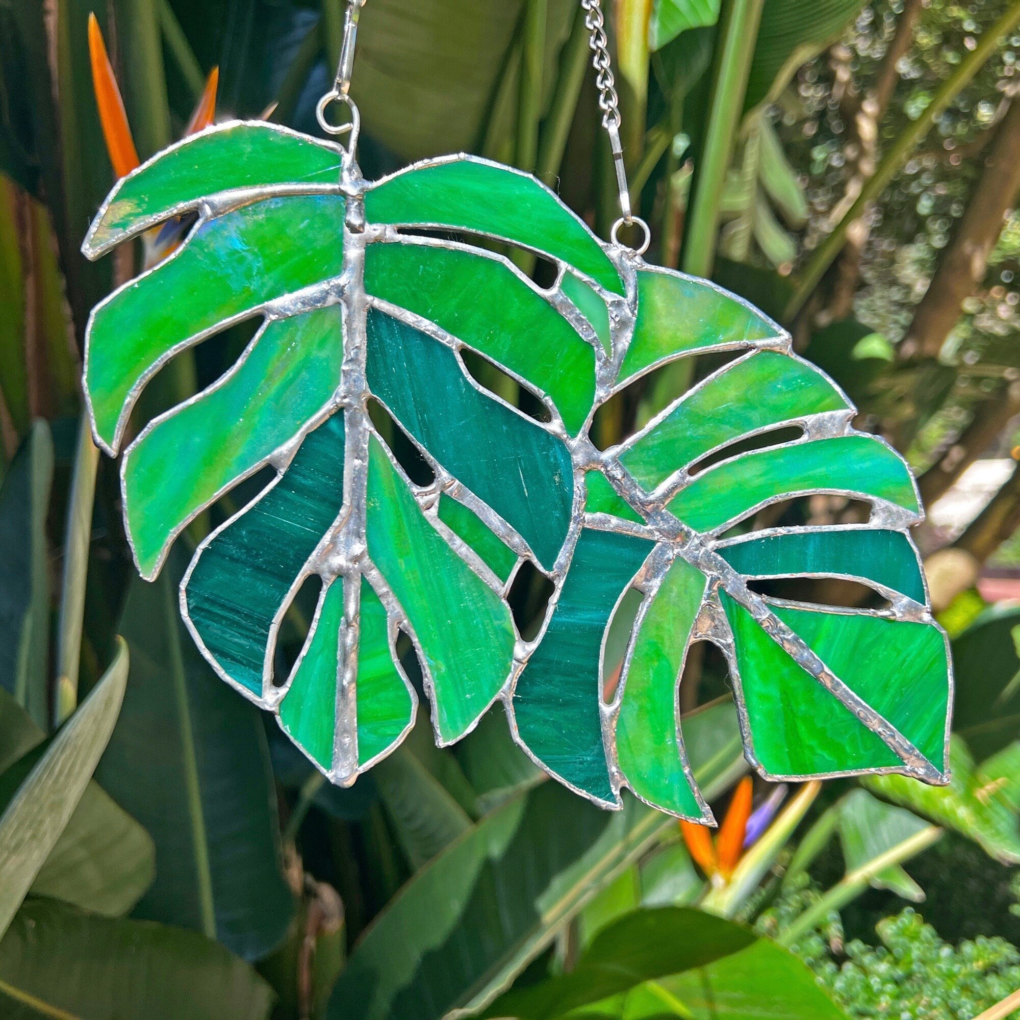 RainLine Monstera Leaves Stained Glass Suncatcher Iridescent Window Hanging Decor