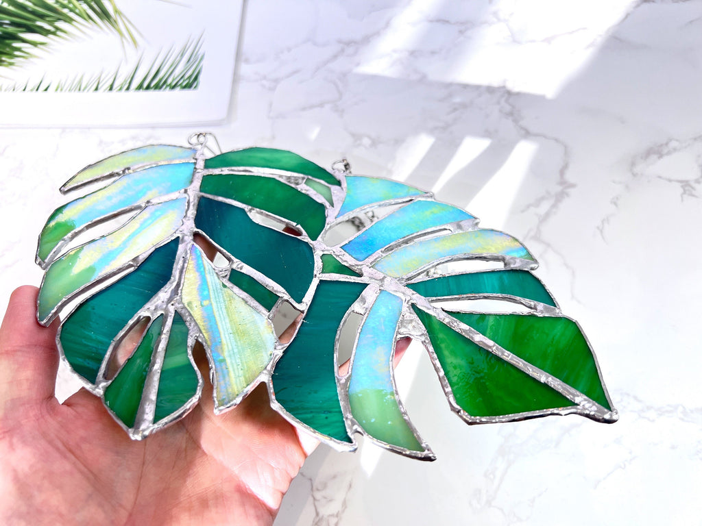 RainLine Monstera Leaves Stained Glass Suncatcher Iridescent Window Hanging Decor