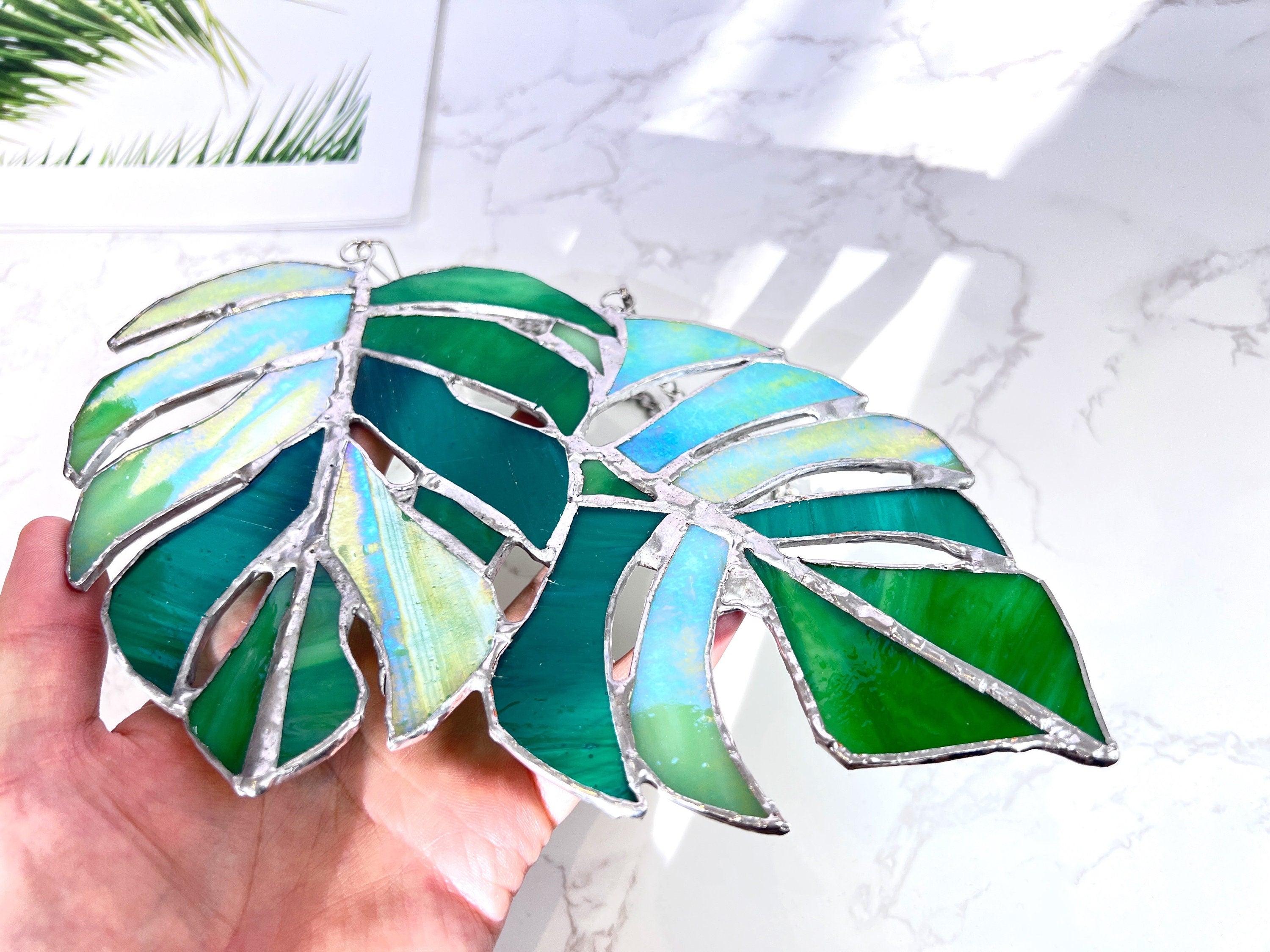 RainLine Monstera Leaves Stained Glass Suncatcher Iridescent Window Hanging Decor