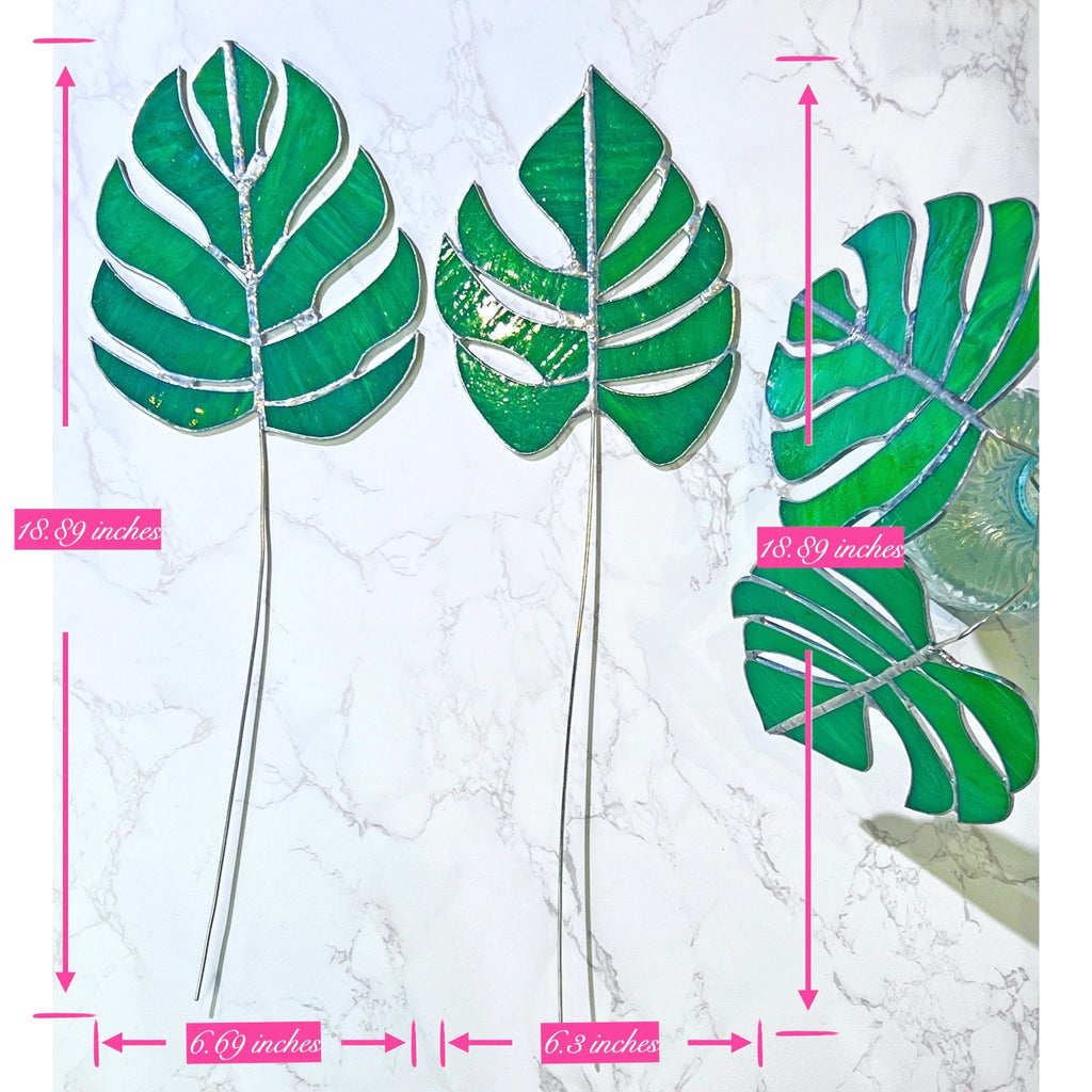RainLine Handcrafted Stained Glass Monstera Table Decor Set 2 Leaves