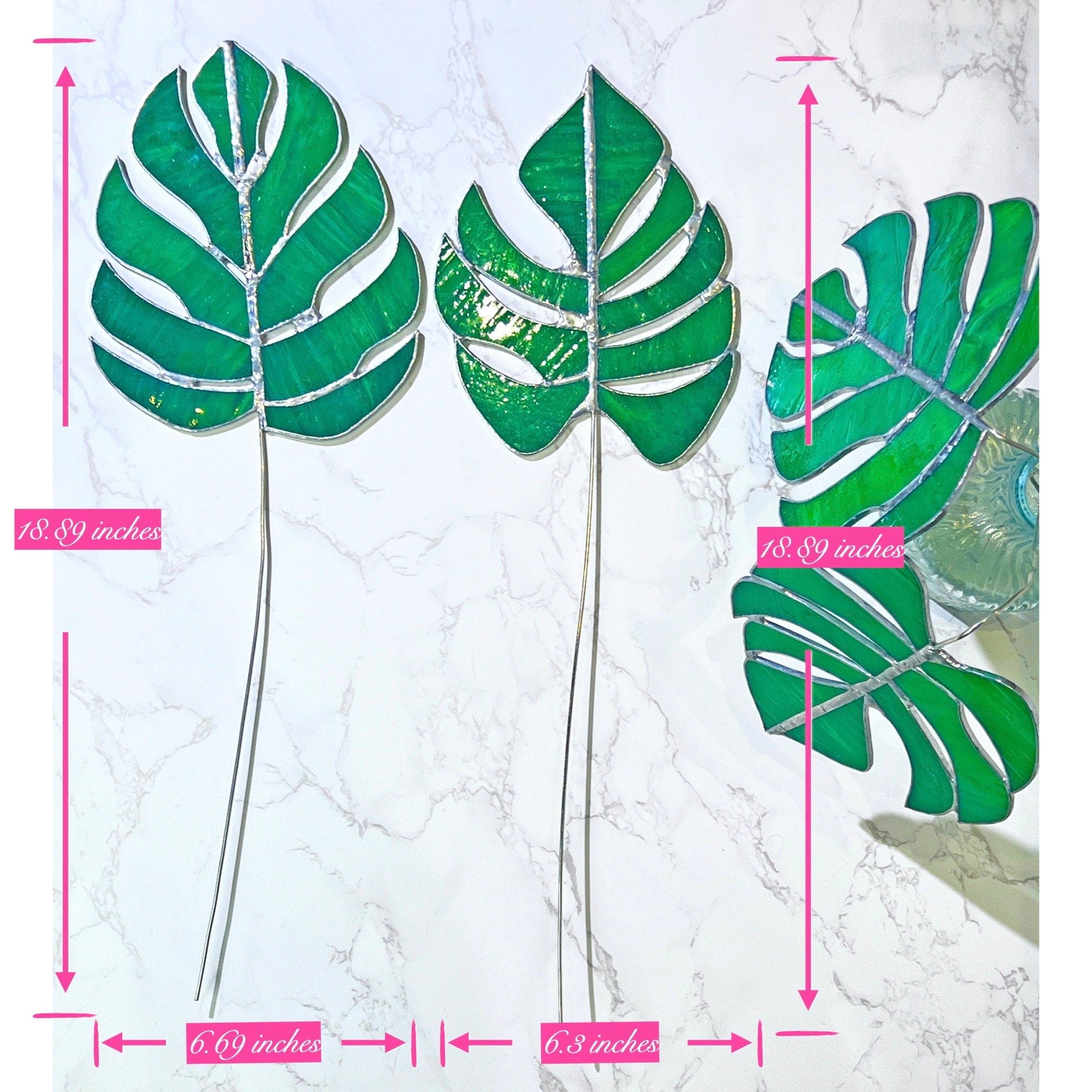 RainLine Handcrafted Stained Glass Monstera Table Decor Set 2 Leaves