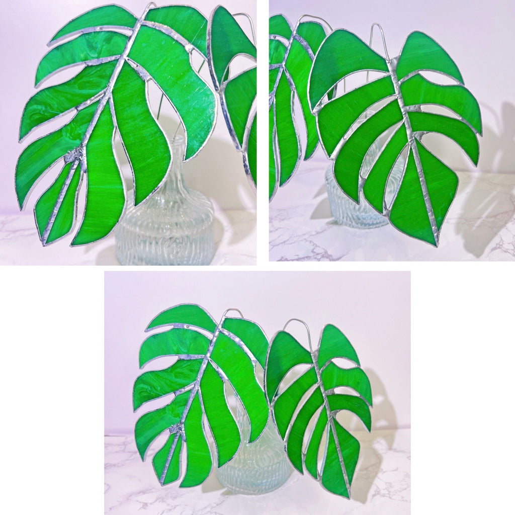 RainLine Handcrafted Stained Glass Monstera Table Decor Set 2 Leaves