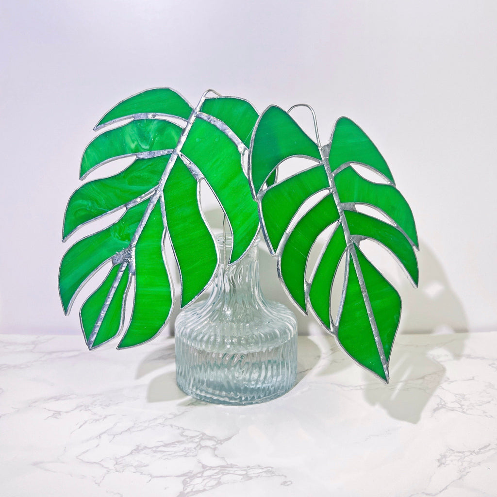 RainLine Handcrafted Stained Glass Monstera Table Decor Set 2 Leaves
