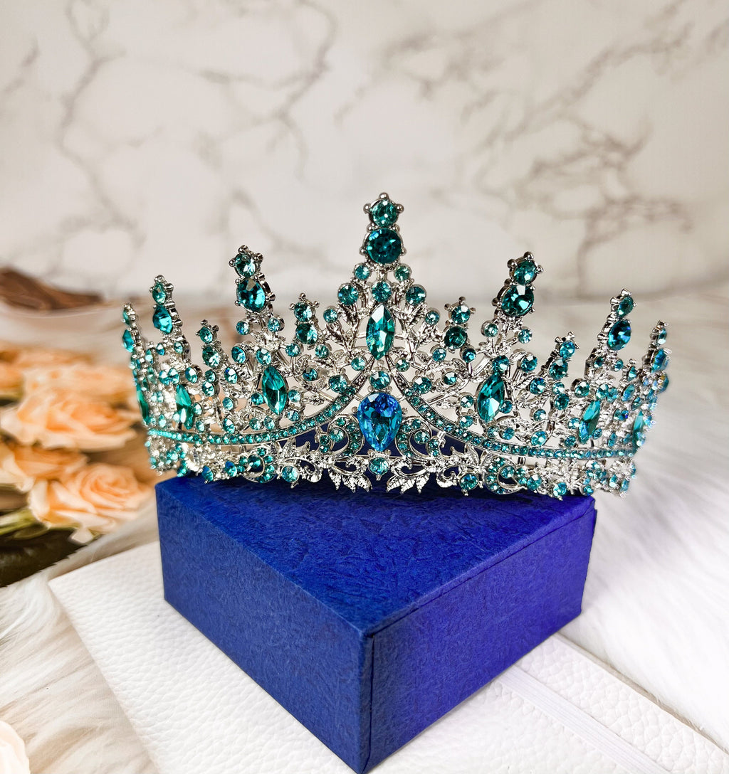 Ocean Blue Rhinestone Crystal Gemstone Tiara Queen Bridal Crown