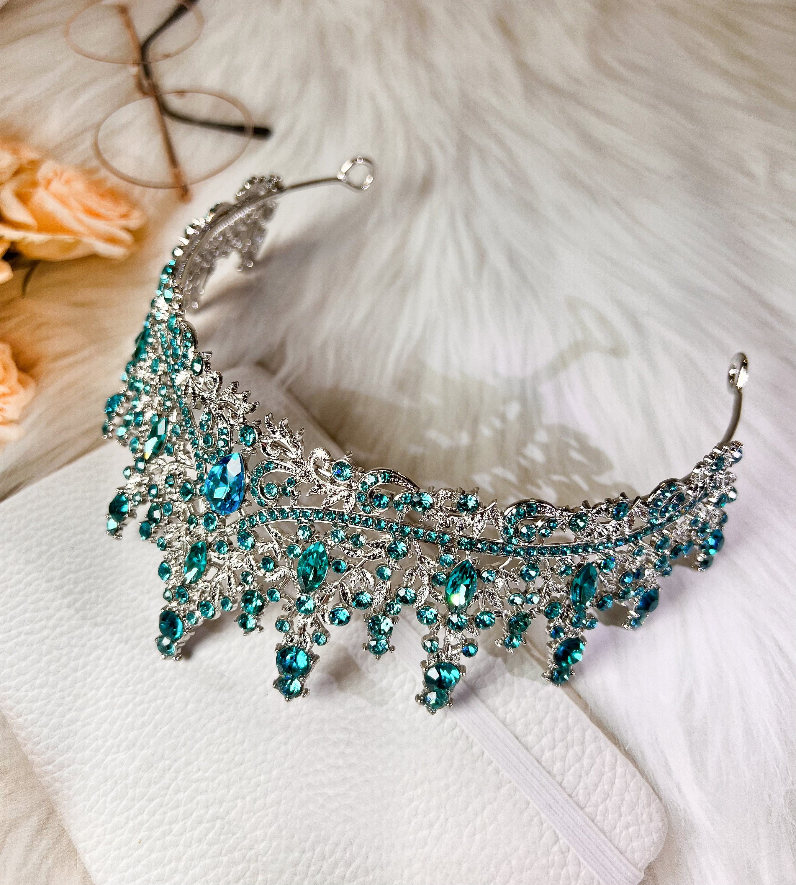 Ocean Blue Rhinestone Crystal Gemstone Tiara Queen Bridal Crown