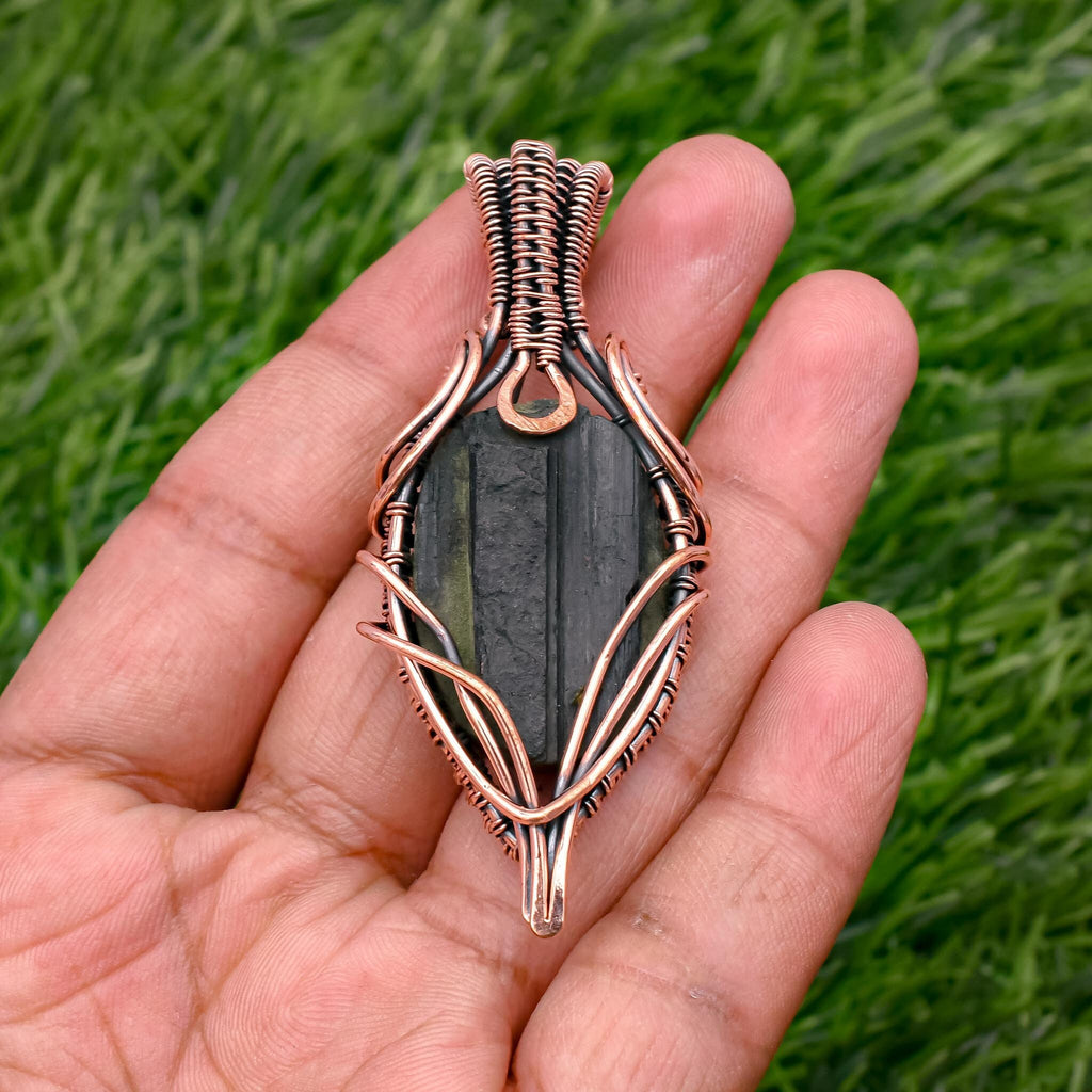 EkkJewels Rough Black Tourmaline Copper Wire Wrapped Pendant Necklace