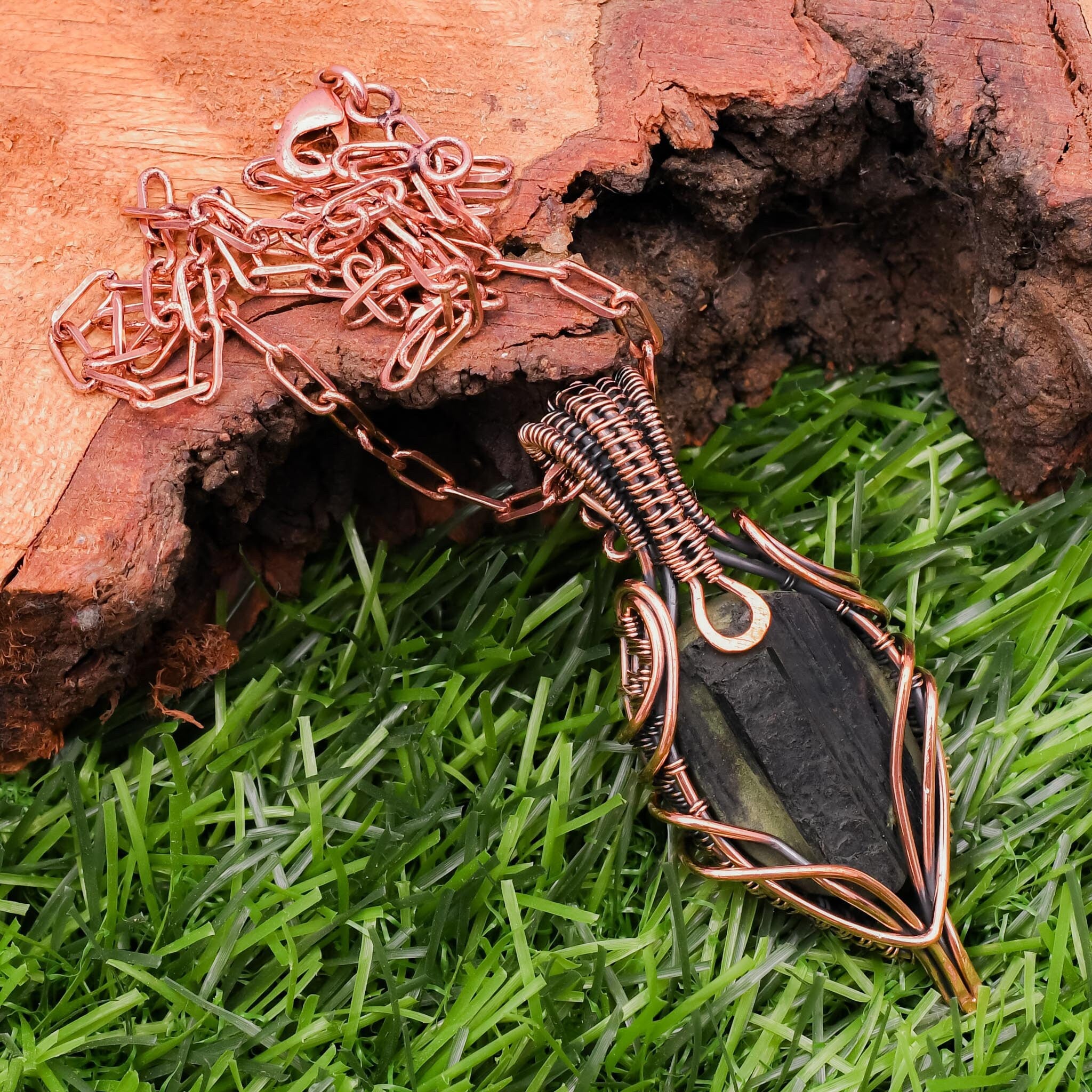 EkkJewels Handmade Rough Black Tourmaline Pendant Copper Wire Wrapped Necklace