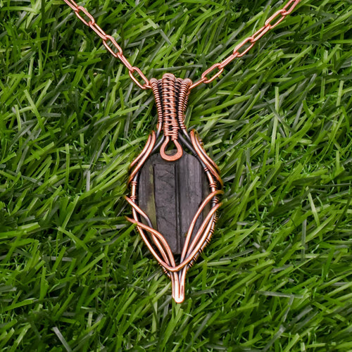 EkkJewels Handmade Rough Black Tourmaline Pendant Copper Wire Wrapped Necklace