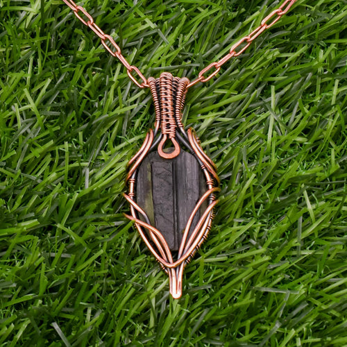 EkkJewels Rough Black Tourmaline Copper Wire Wrapped Pendant Necklace