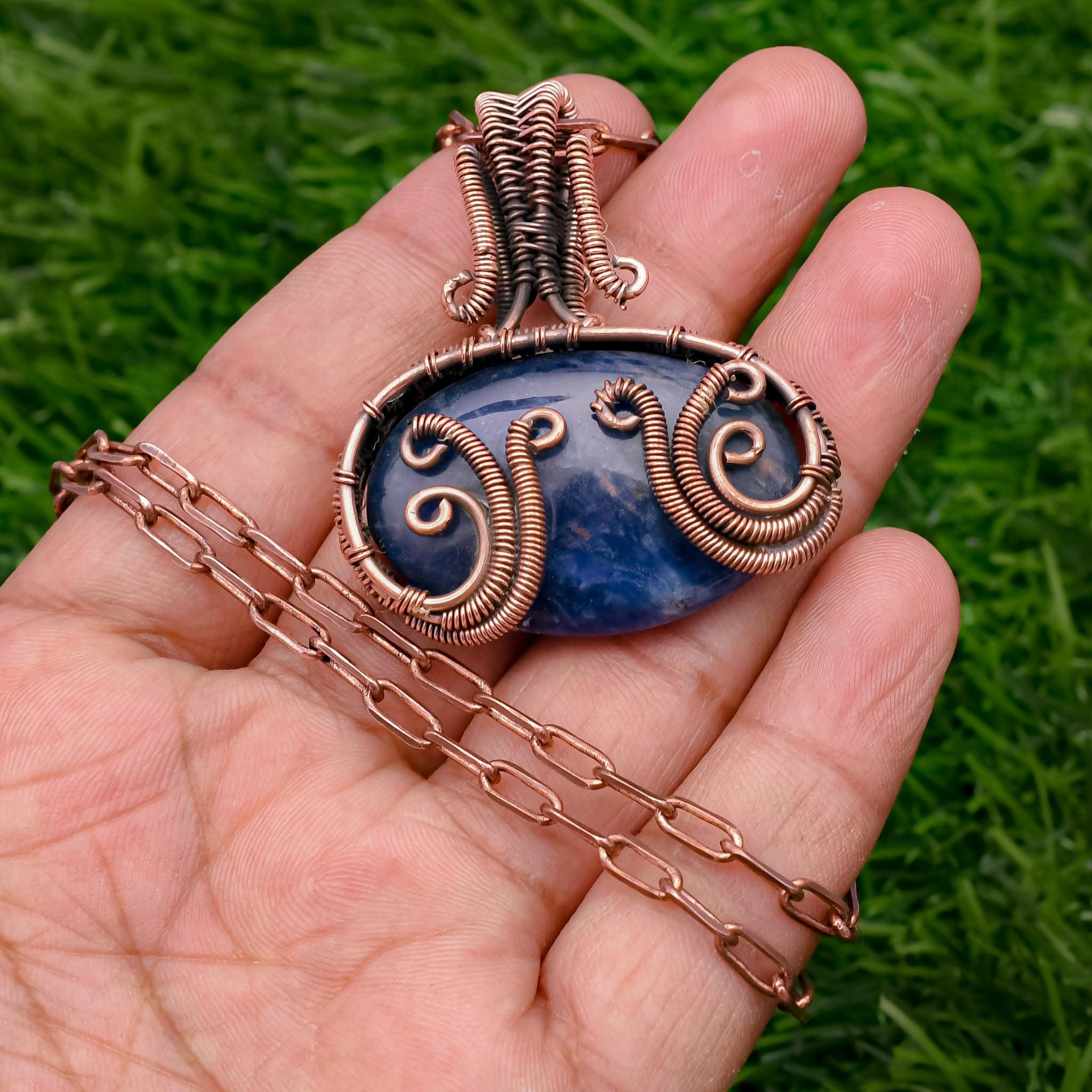 Handmade Sodalite Pendant Necklace: Copper Wire Wrapped Gemstone Jewelry