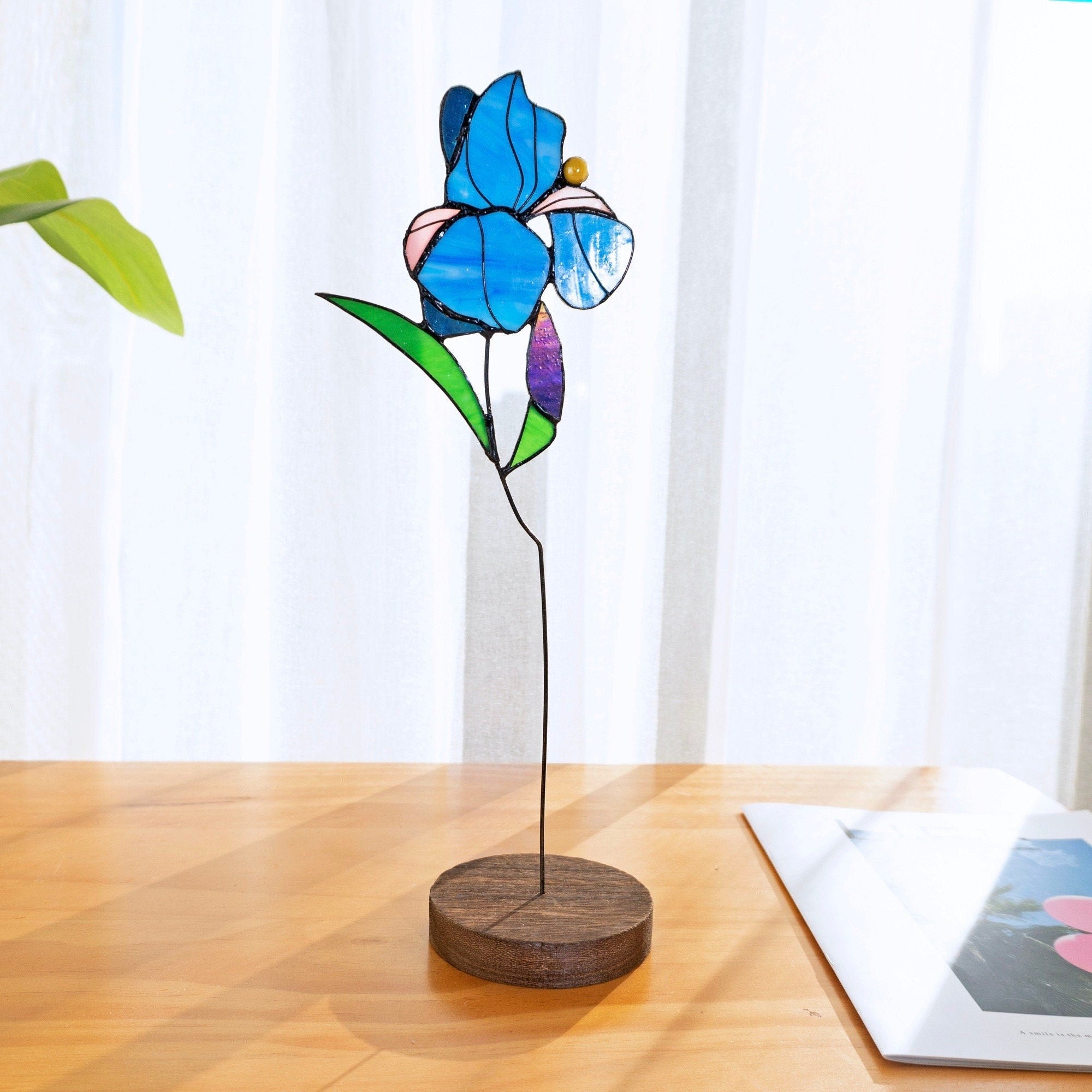 RainLine Iris Stained Glass Suncatcher Art Object 14.2in