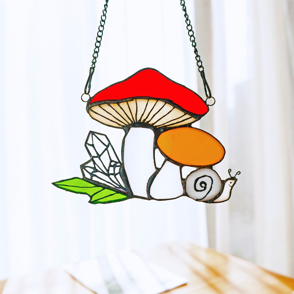 RainLine Mushroom Snail Stained Glass Suncatcher Window Hanging 6in