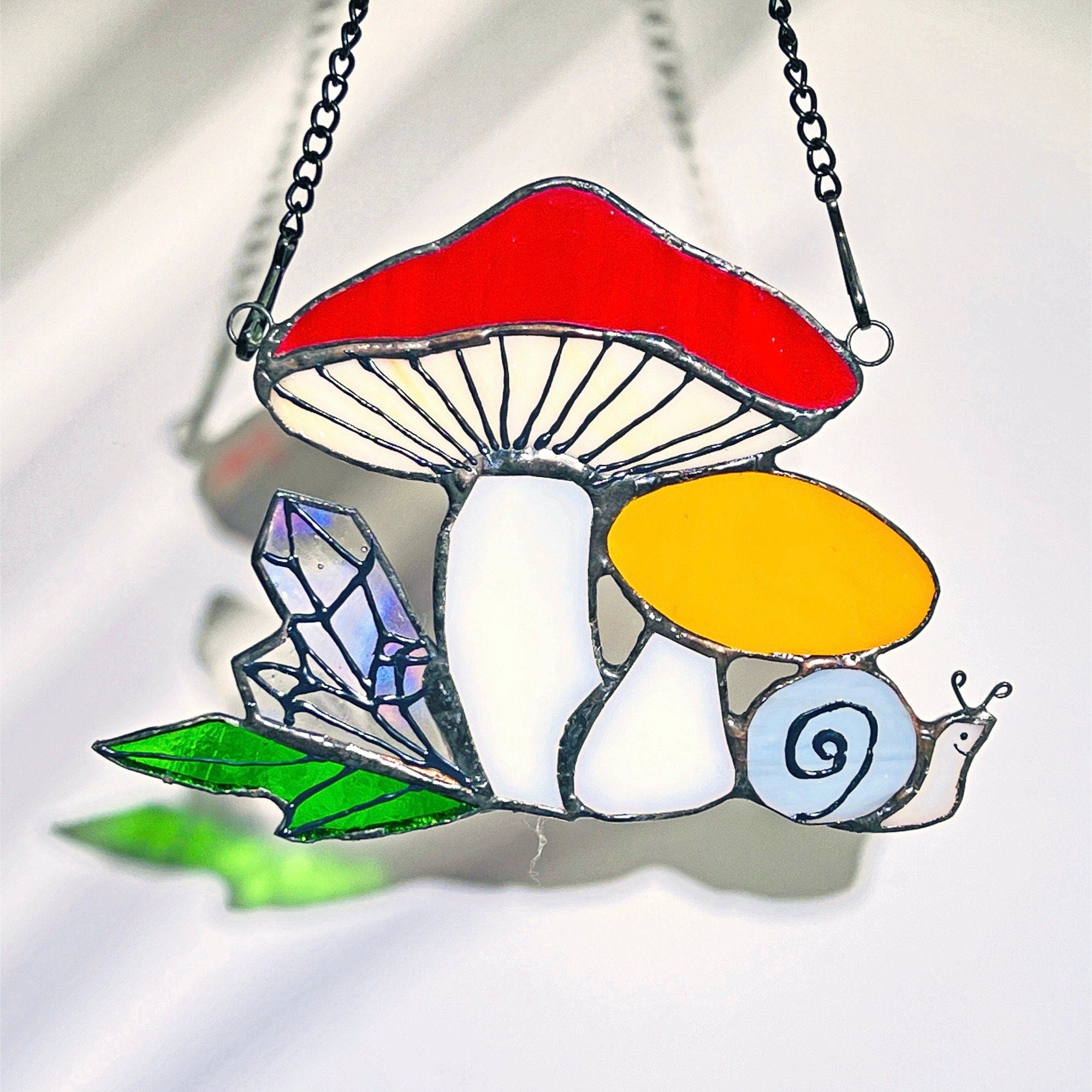 RainLine Mushroom Snail Stained Glass Suncatcher Window Hanging 6in
