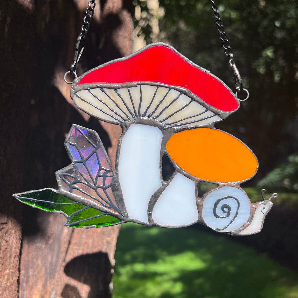 RainLine Mushroom Snail Stained Glass Suncatcher Window Hanging 6in