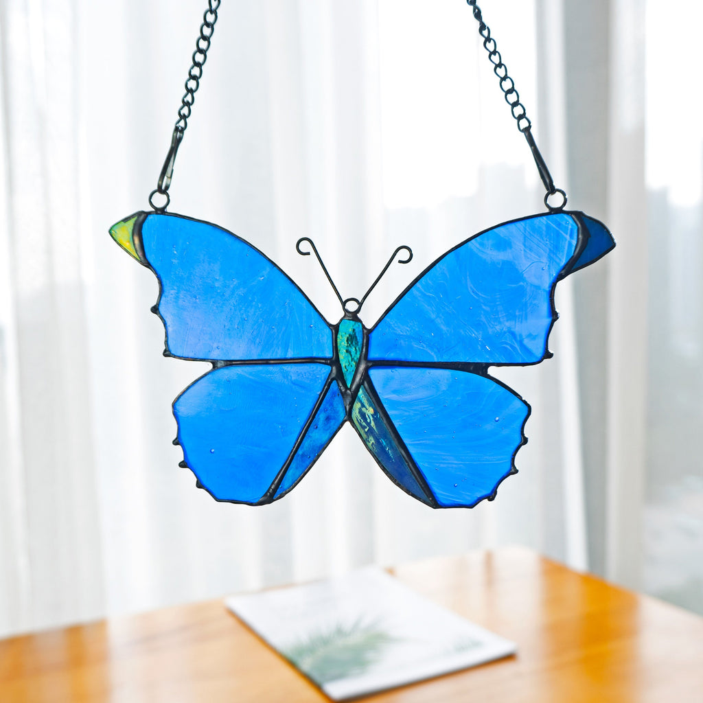RainLine Blue Morpho Butterfly Stained Glass Suncatcher Window Hanging 7in