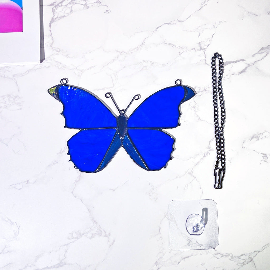 RainLine Blue Morpho Butterfly Stained Glass Suncatcher Window Hanging 7in