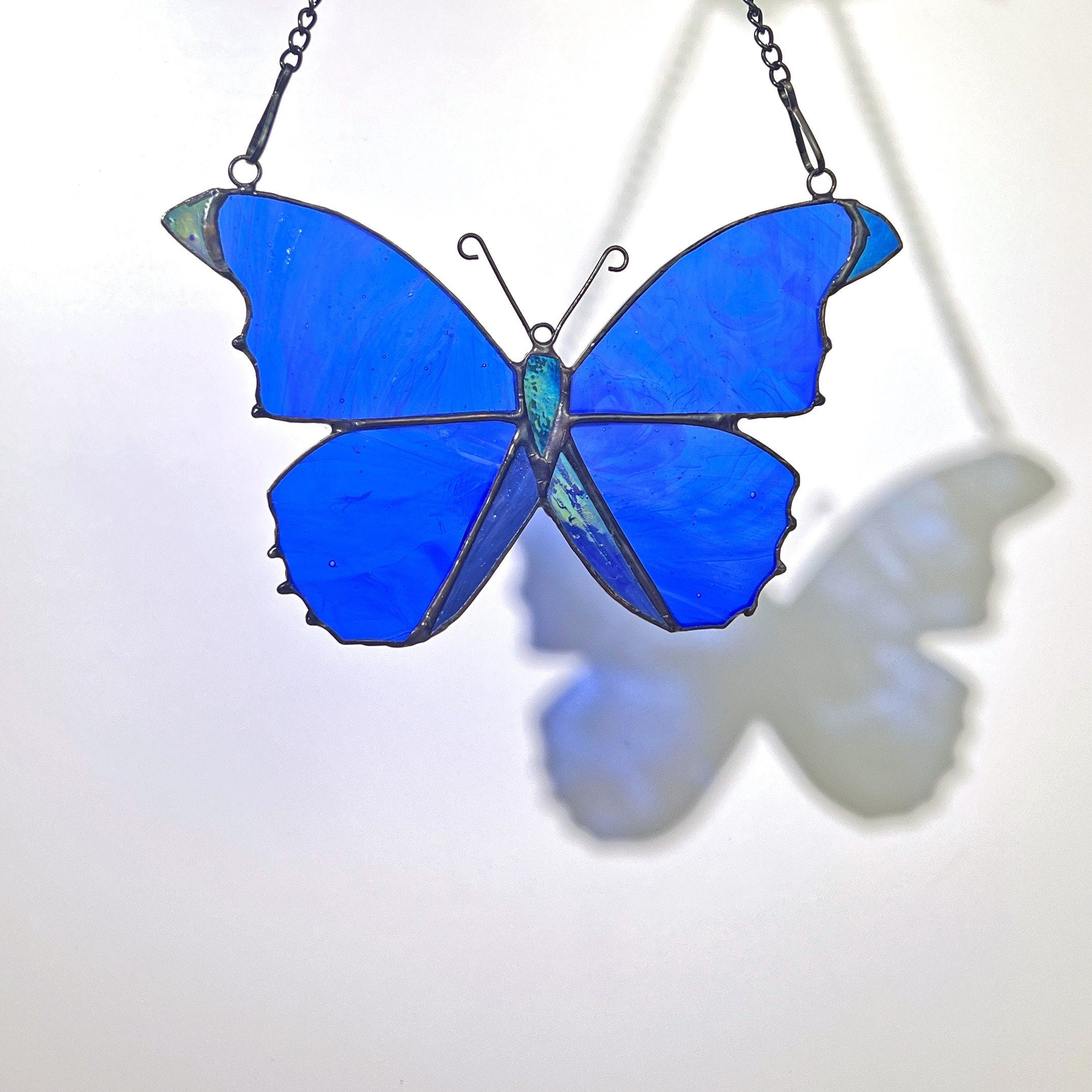 RainLine Blue Morpho Butterfly Stained Glass Suncatcher Window Hanging 7in