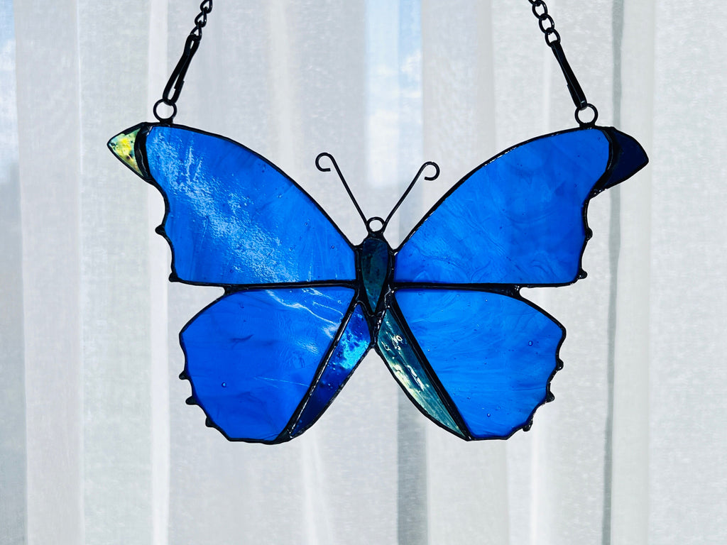 RainLine Blue Morpho Butterfly Stained Glass Suncatcher Window Hanging 7in