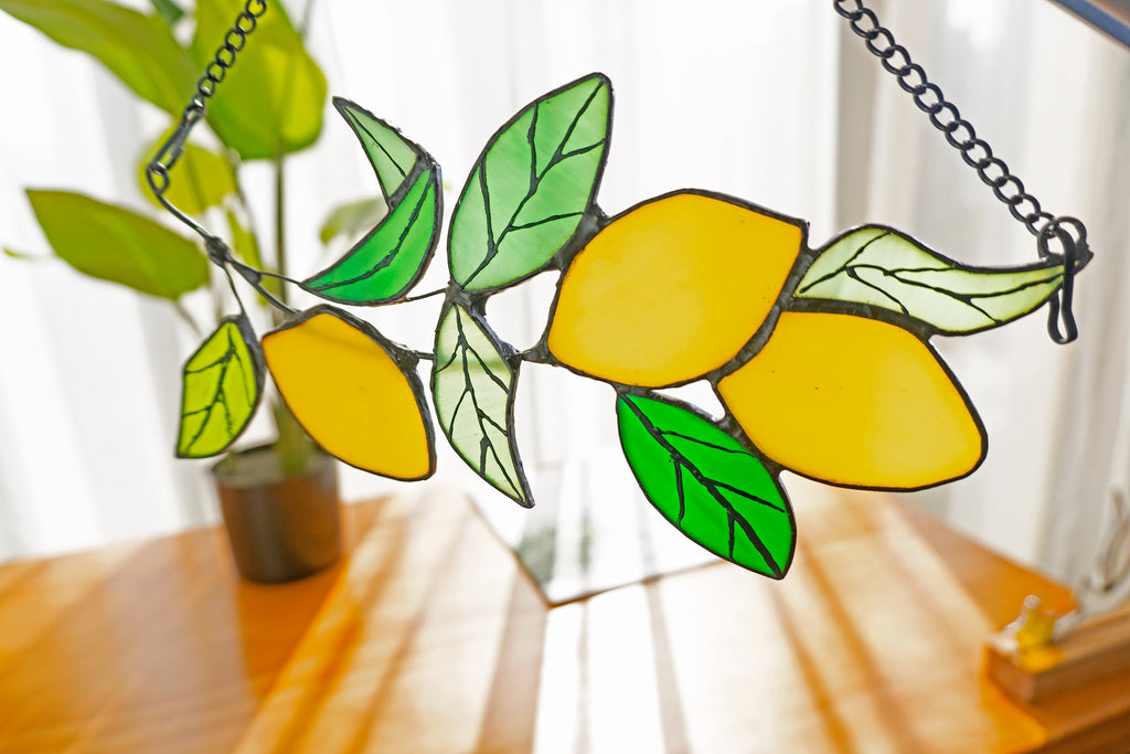 RainLine Handcrafted Lemon Branch Stained Glass Suncatcher 9.8in
