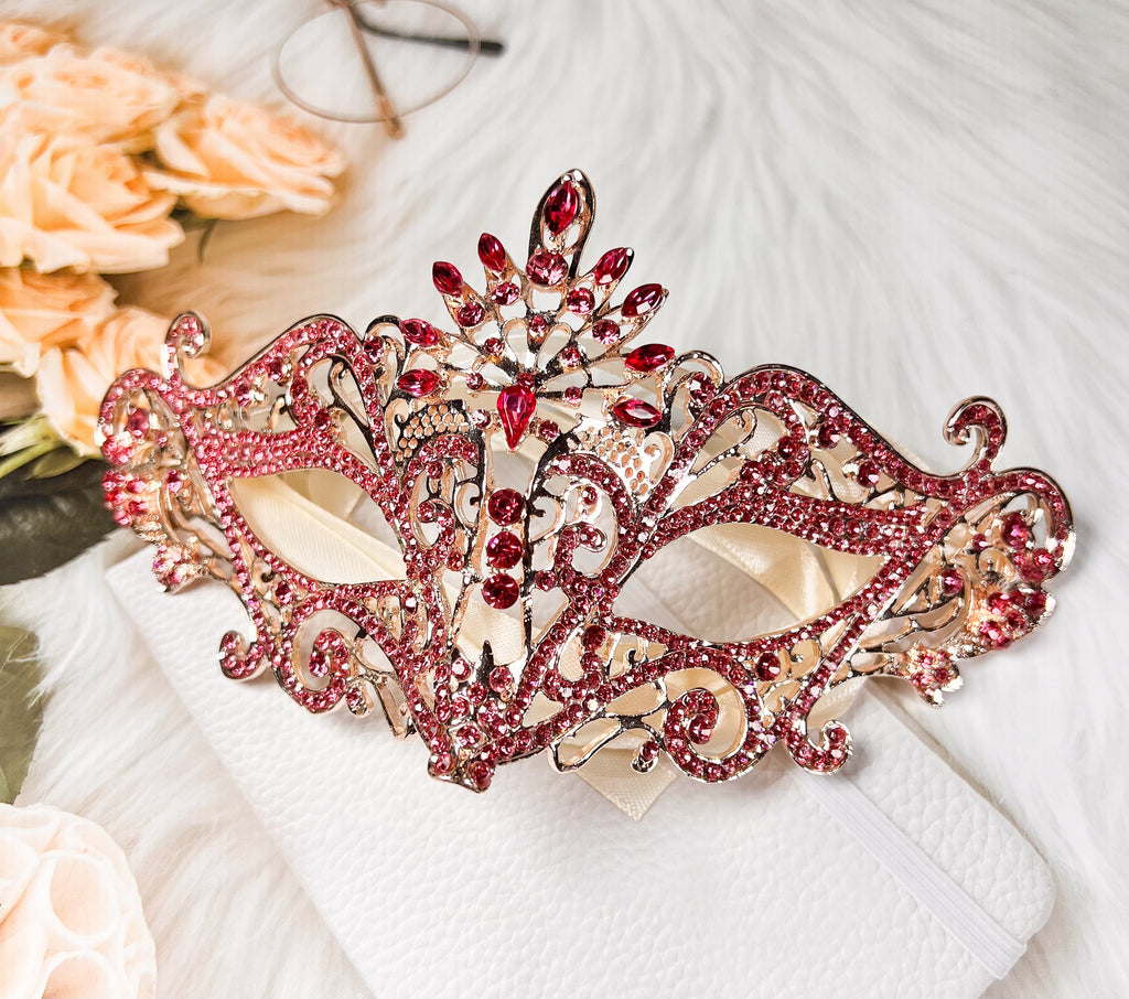 HappyJewelryWorld Masquerade Mask Luxury Pink Crystal Rhinestone Eye Mask