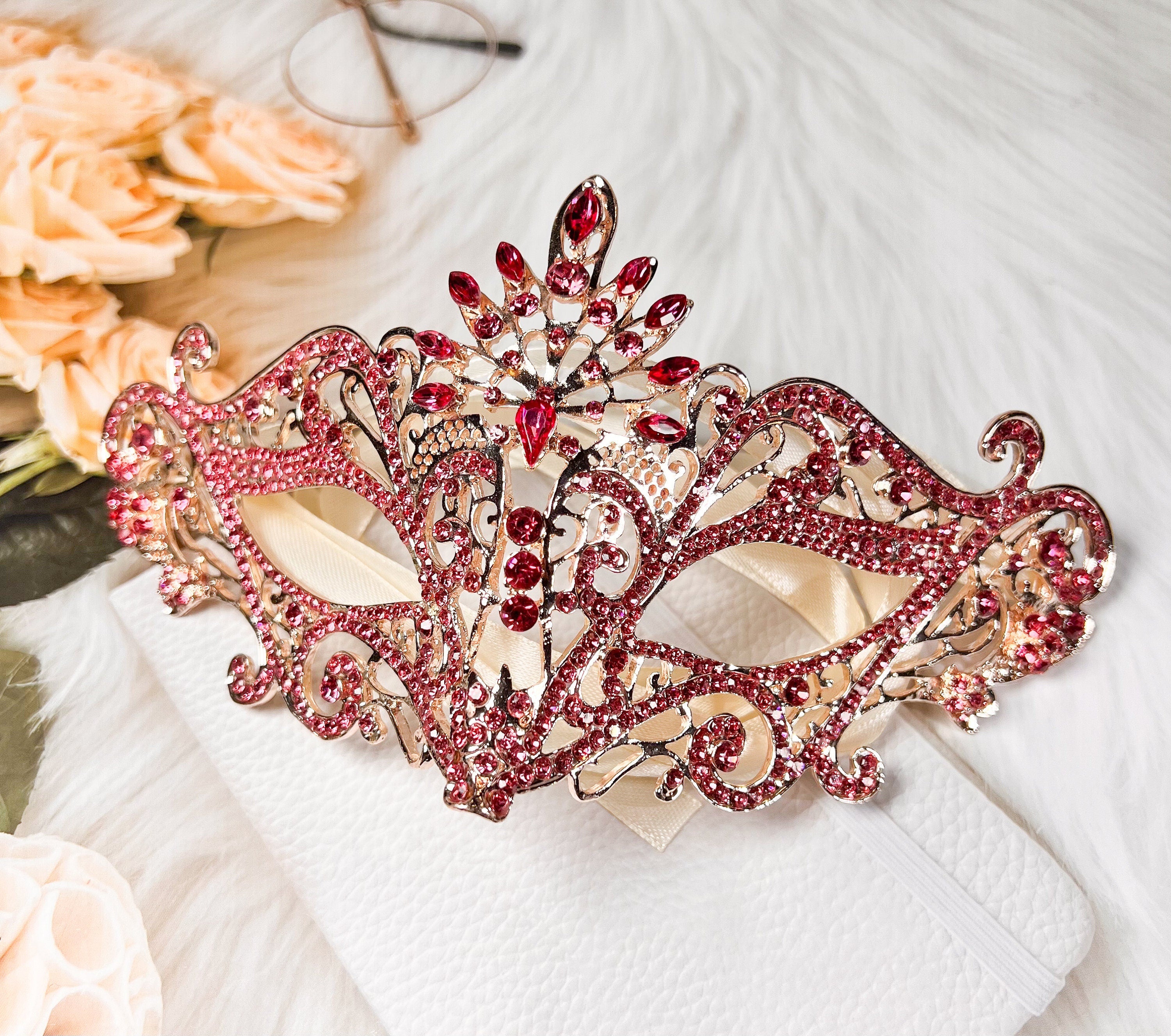 HappyJewelryWorld Masquerade Mask Luxury Pink Crystal Rhinestone Eye Mask