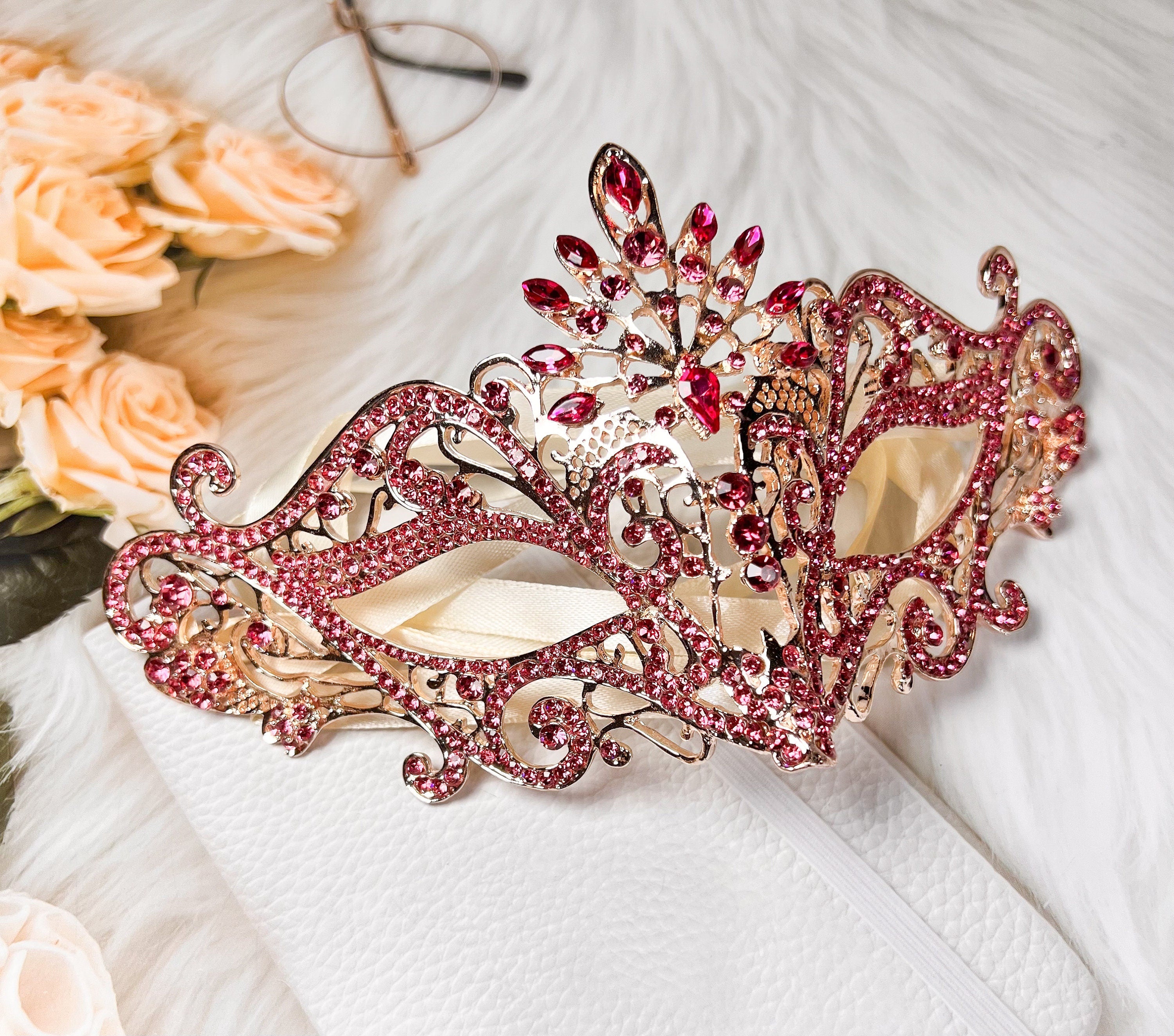 HappyJewelryWorld Masquerade Mask Luxury Pink Crystal Rhinestone Eye Mask