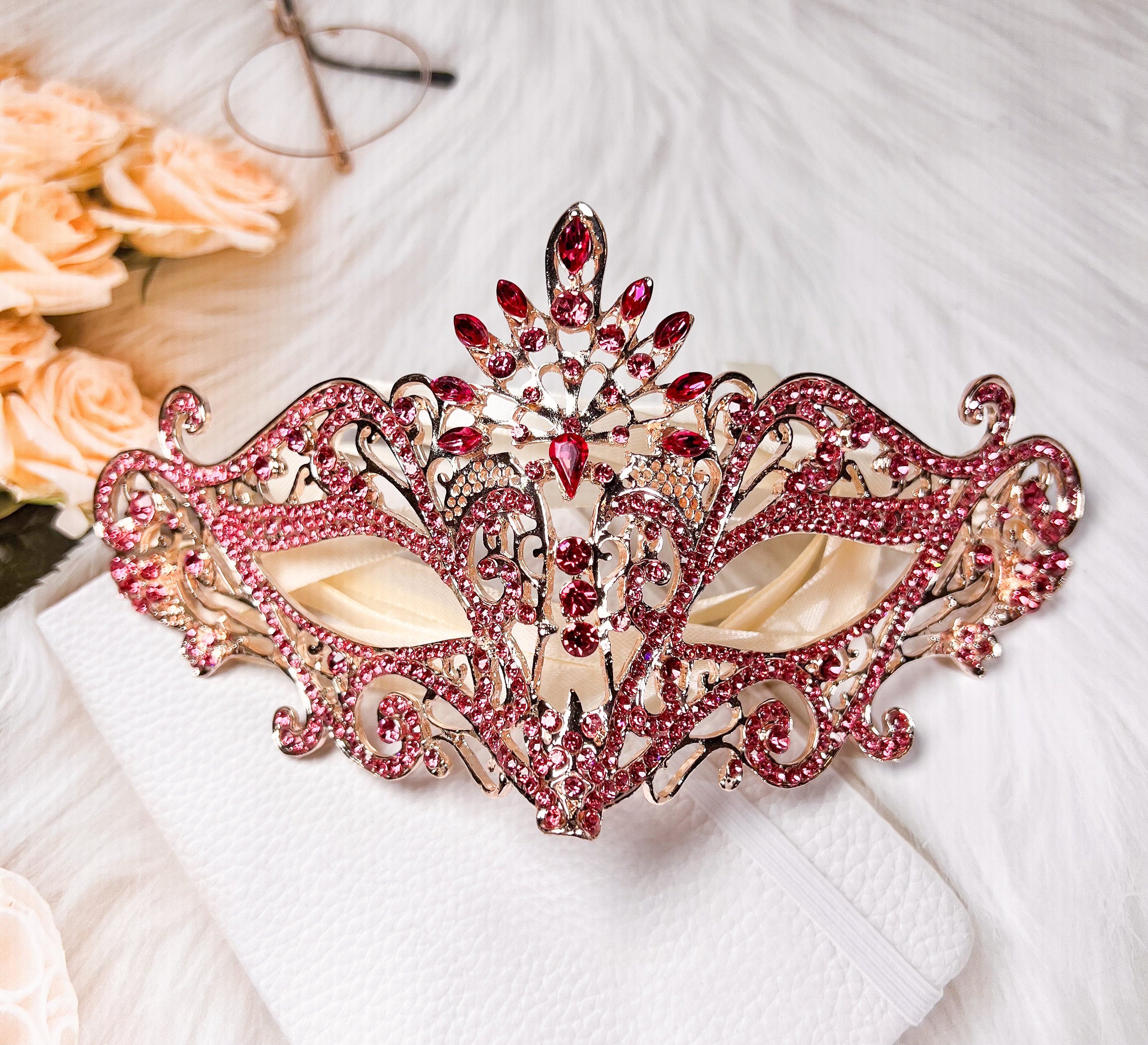 HappyJewelryWorld Masquerade Mask Luxury Pink Crystal Rhinestone Eye Mask