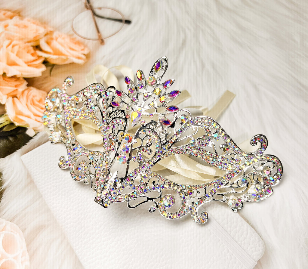 HappyJewelryWorld Crystal Rhinestone Masquerade Eye Mask Silver