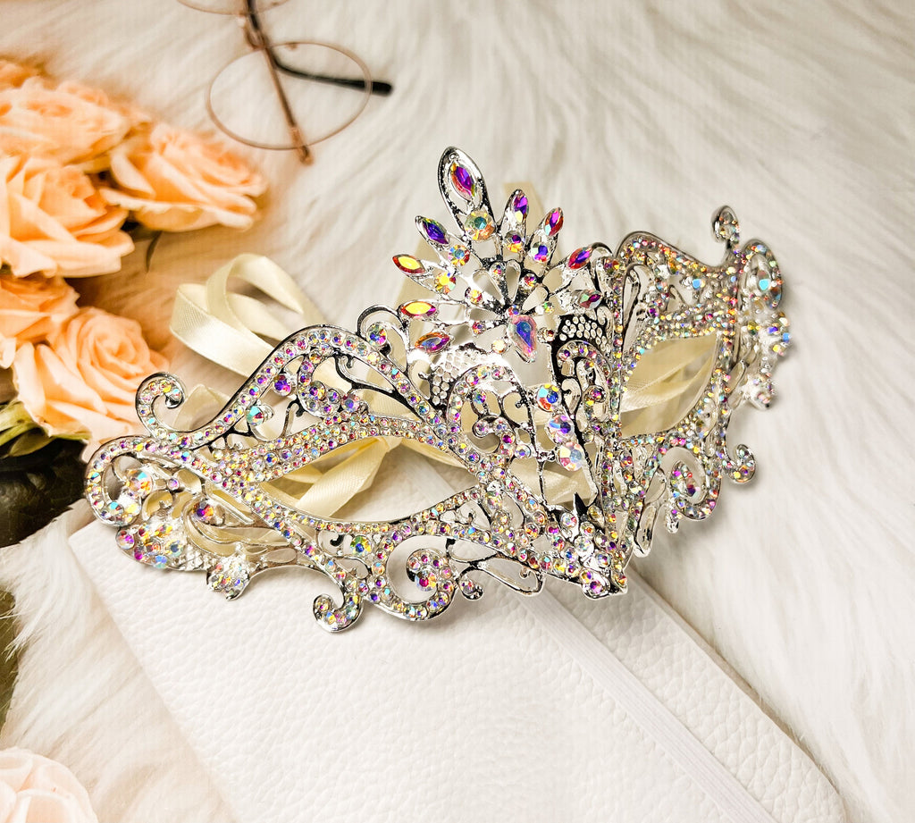HappyJewelryWorld Crystal Rhinestone Masquerade Eye Mask Silver